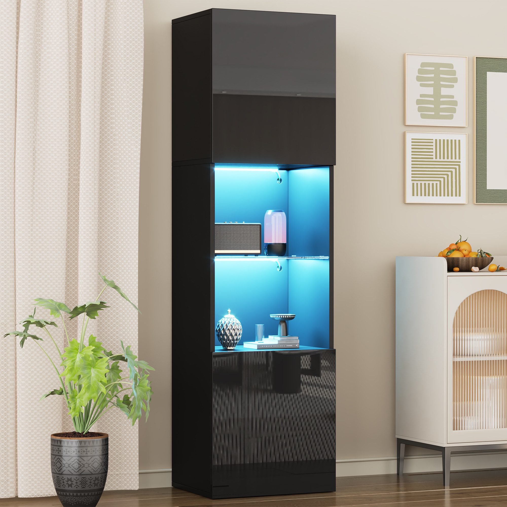 STILVORA Vitrine Freistehender Hochschrank mit 1 Glasboden&LED,Highboard Ho günstig online kaufen