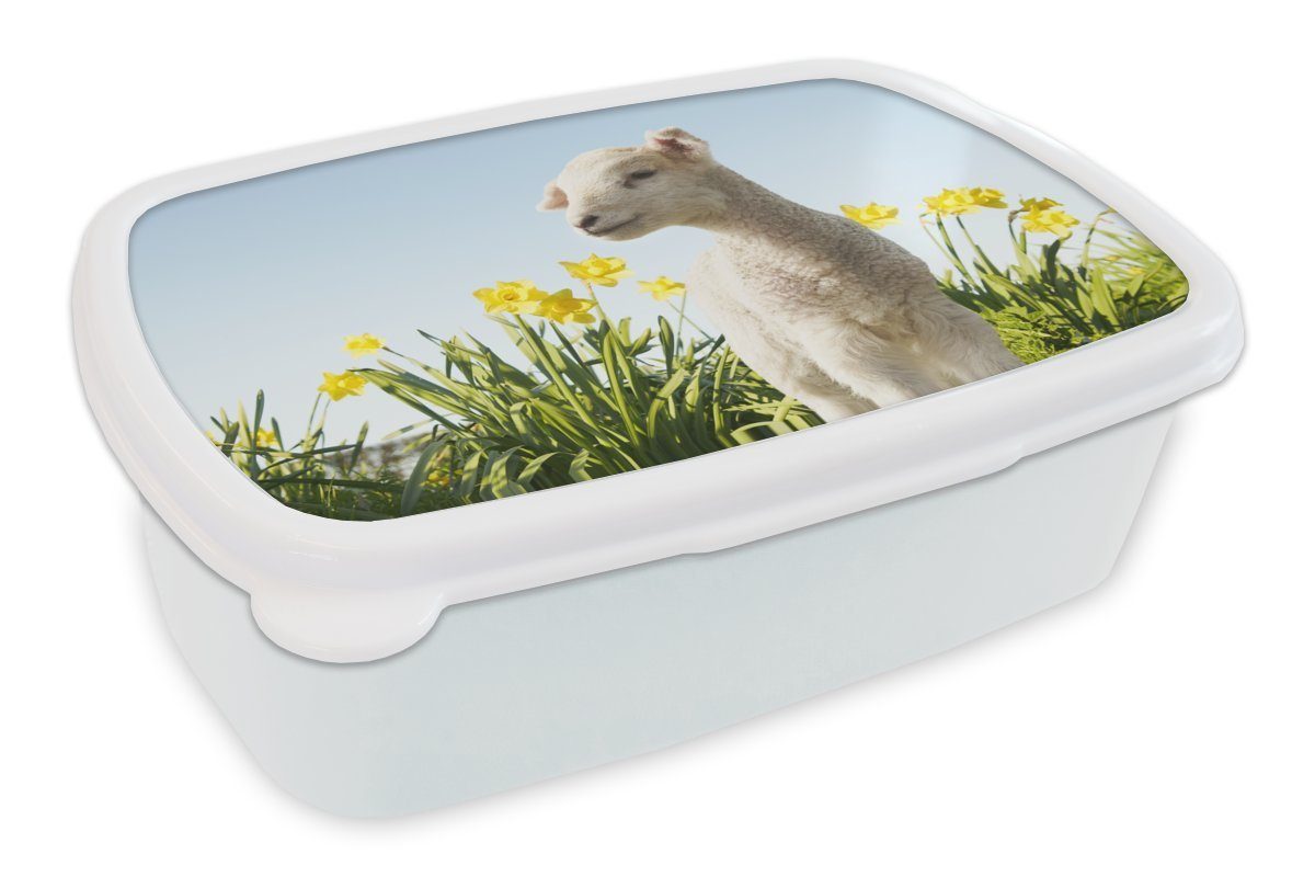 MuchoWow Lunchbox Schafe - Blumen - Frühling, Kunststoff, (2-tlg), Brotbox für Kinder und Erwachsene, Brotdose, für Jungs und Mädchen weiß