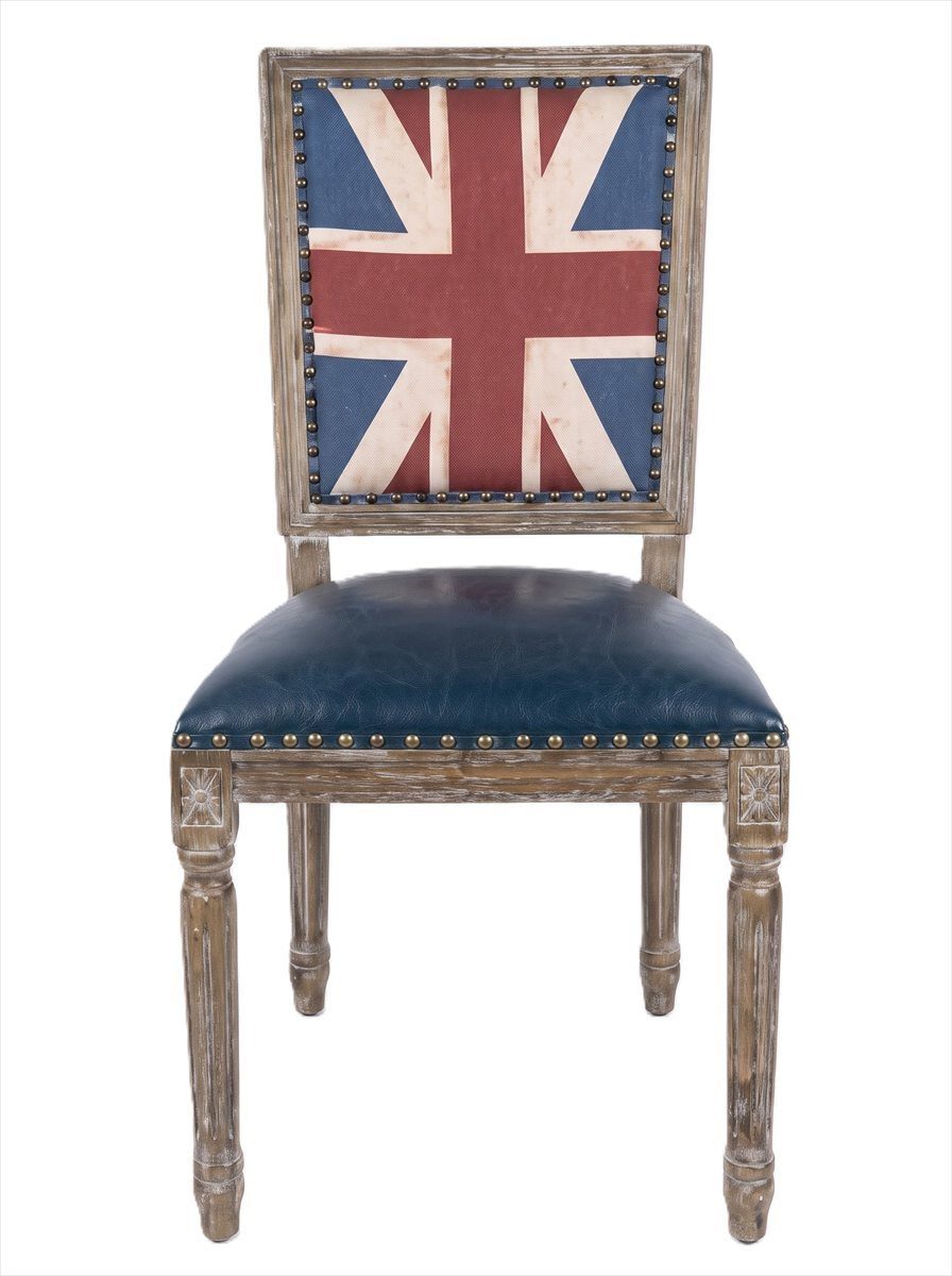JVmoebel Stuhl Union Jack Stuhl Leder British Style Vintage Holzgestell Esszimmer (Einzelstück, 1 St), Britische Flagge auf Rückenlehne