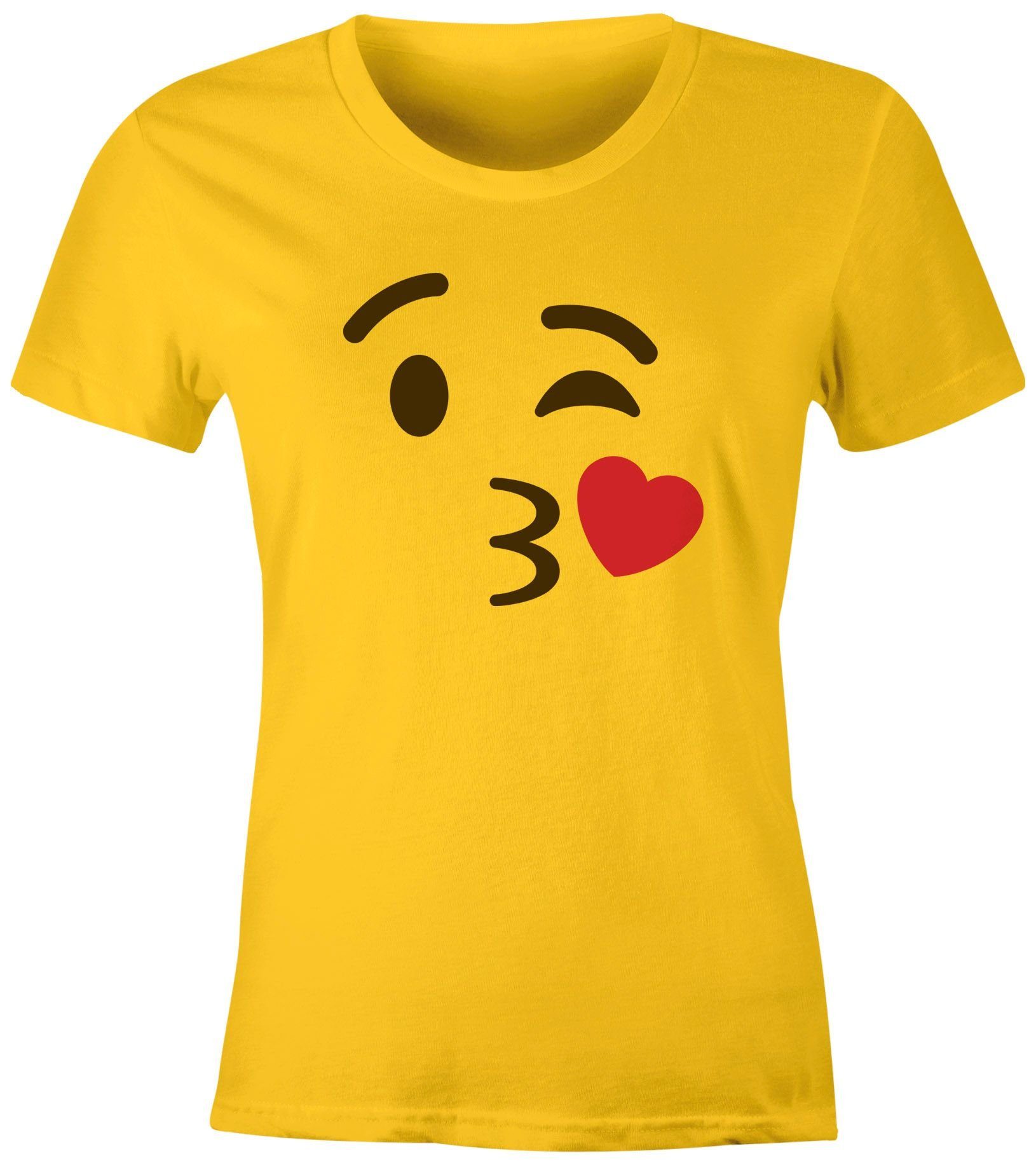 MoonWorks Print-Shirt Damen T-Shirt Emoticon Gruppenkostüm Fasching Karneval Junggesellenabschied JGA lustig Fun-Shirt Moonworks® mit Print Küsschen gelb