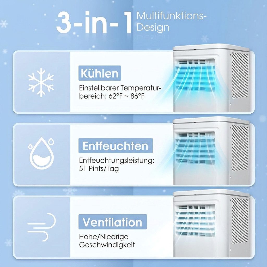 Rolipo Klimagerät Luftkühler 9000BTU 4-in-1 Entfeuchten Ventilieren mobiles Klimaanlage, Fernbedienung & 24h Timer, leise Klima für Wohnung Büro Schlafzimmer