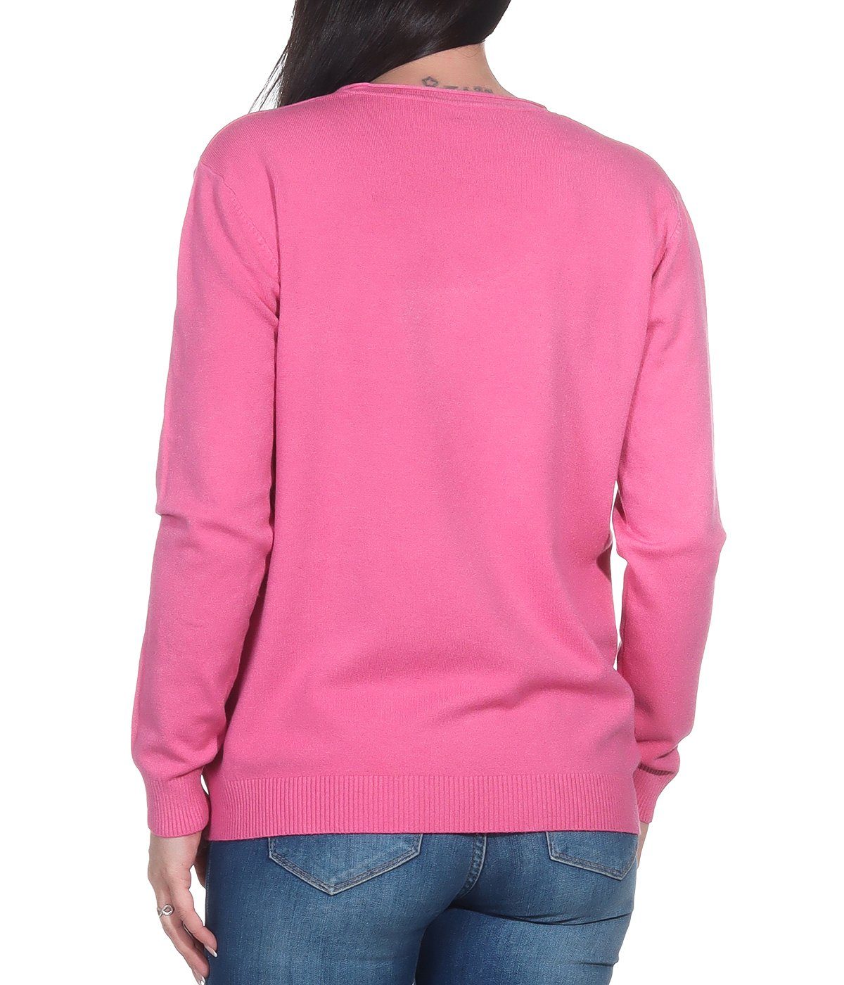 Wintersport Unterziehshirt Feinstrickpullover angenehmer Pullover den Damenmode Pink für V-Ausschnitt-Pullover Damen für (1-tlg) Freizeitpullover oder Aurela Pulli Basic