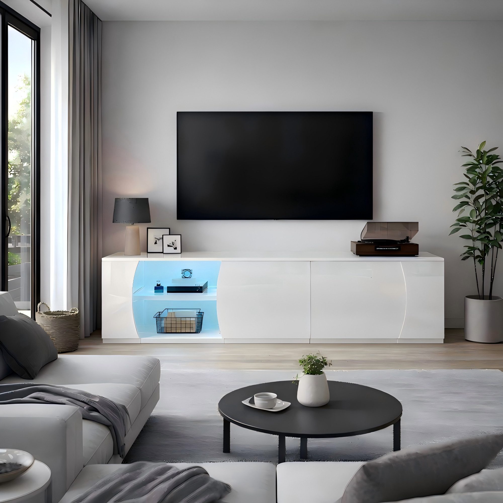 Merax Lowboard hochglänzender Fernsehschrank mit LED-Lichtern (für Fernseher bis 80 Zoll, 1 St., 180x40x45cm), TV-Schrank mit 3 Türen, großzügigem Stauraum & gehärtetem Glas