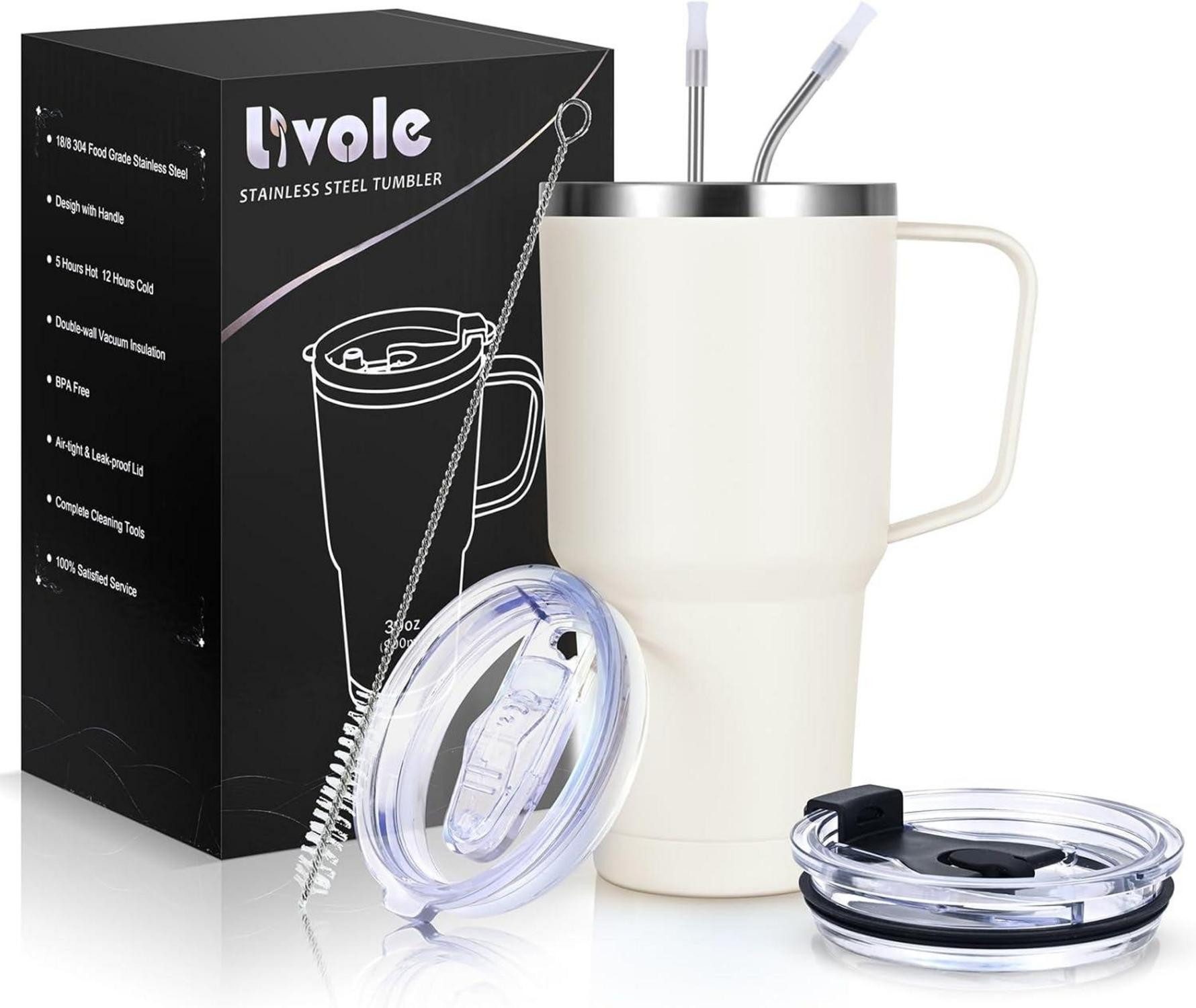 Thermobecher Doppelwandiger Thermobecher 900ml mit Strohhalm und Henkel, Edelstahl