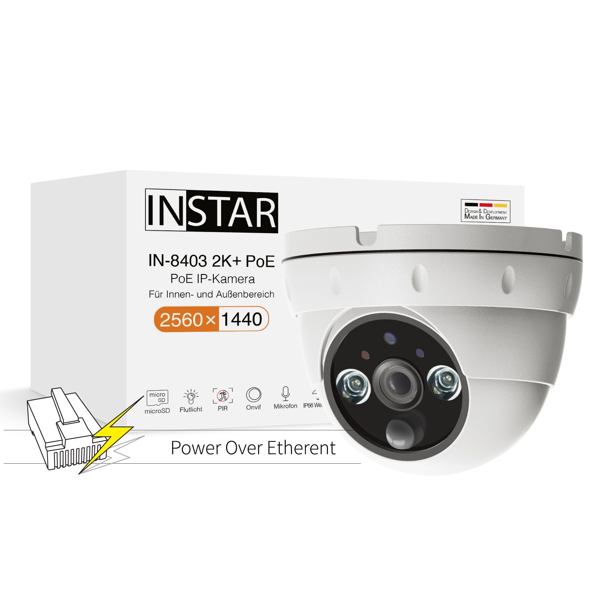 INSTAR IN-8403 2K+ PoE IP-Überwachungskamera (LAN, PoE, PIR Sensor, Weitwinkelobjektiv, HomeKit inkl. HKSV, Geräuscherkennung)