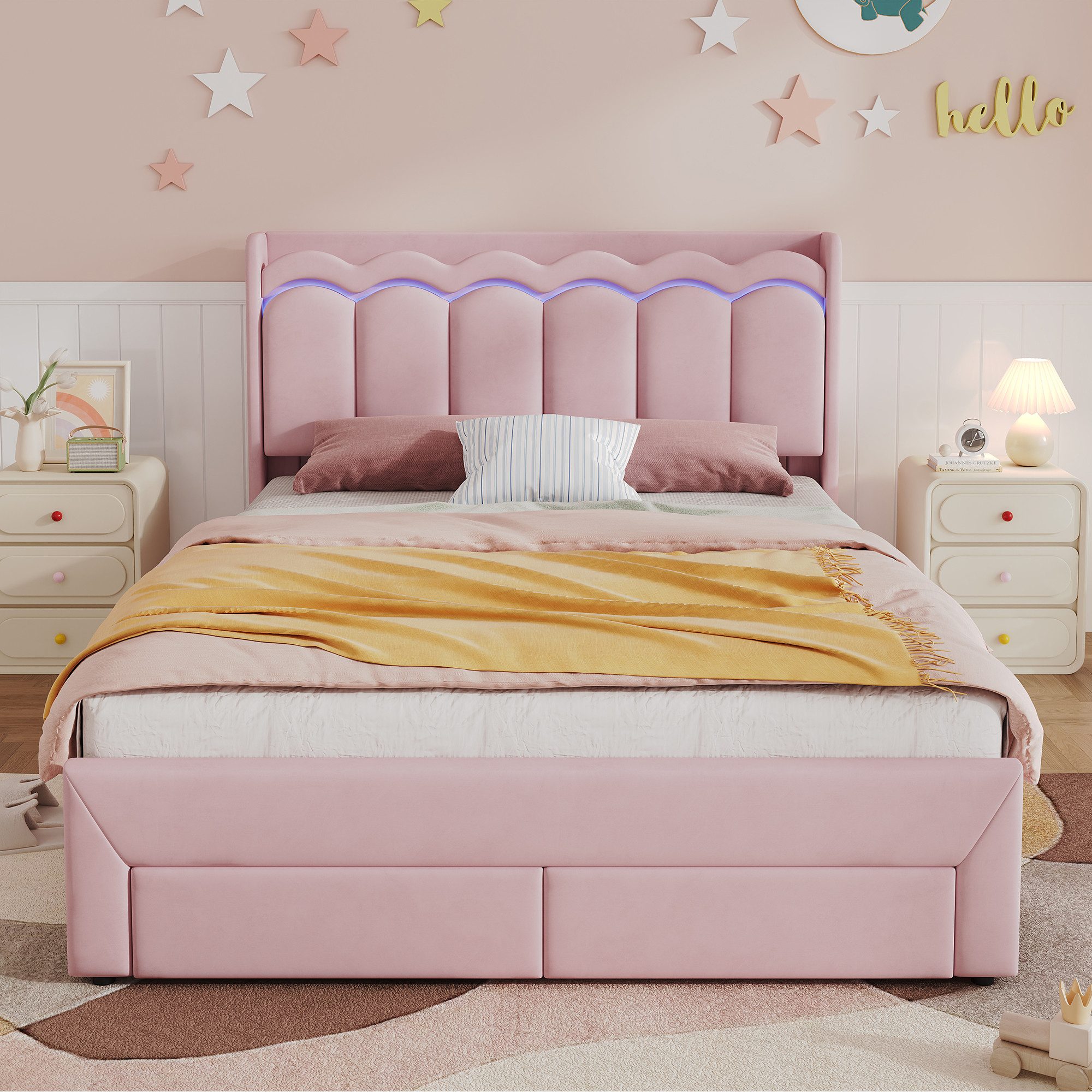 Flieks Polsterbett, Kinderbett 140x200cm mit Wellenform-Kopfteil, 2 Schubladen, LED-Leiste