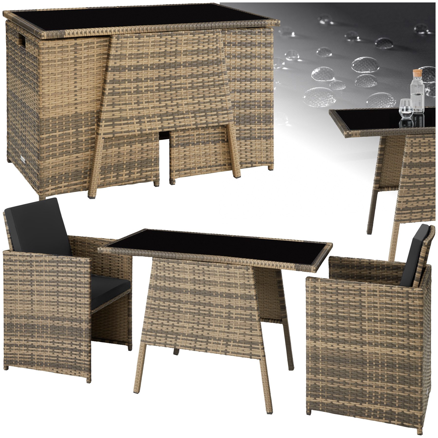 tectake Sitzgruppe Rattan Sitzgruppe, (Set., 3-tlg), Tisch mit abnehmbarer günstig online kaufen