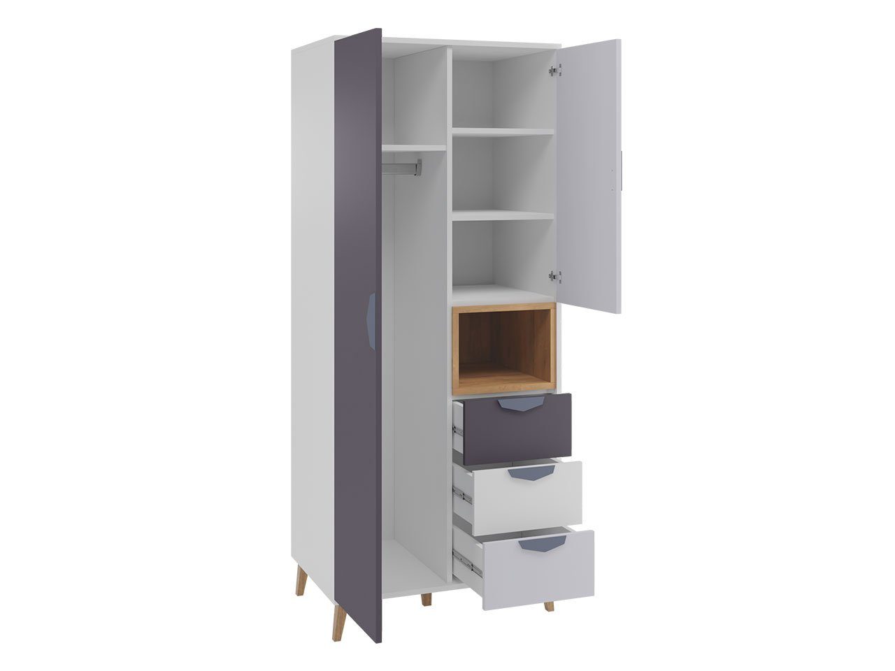 MIRJAN24 Kleiderschrank Joker 02 (2-Drehtüren und 3-Schubladen) mit Kleiderstange, Rollgleitschienen, Skandinavisch