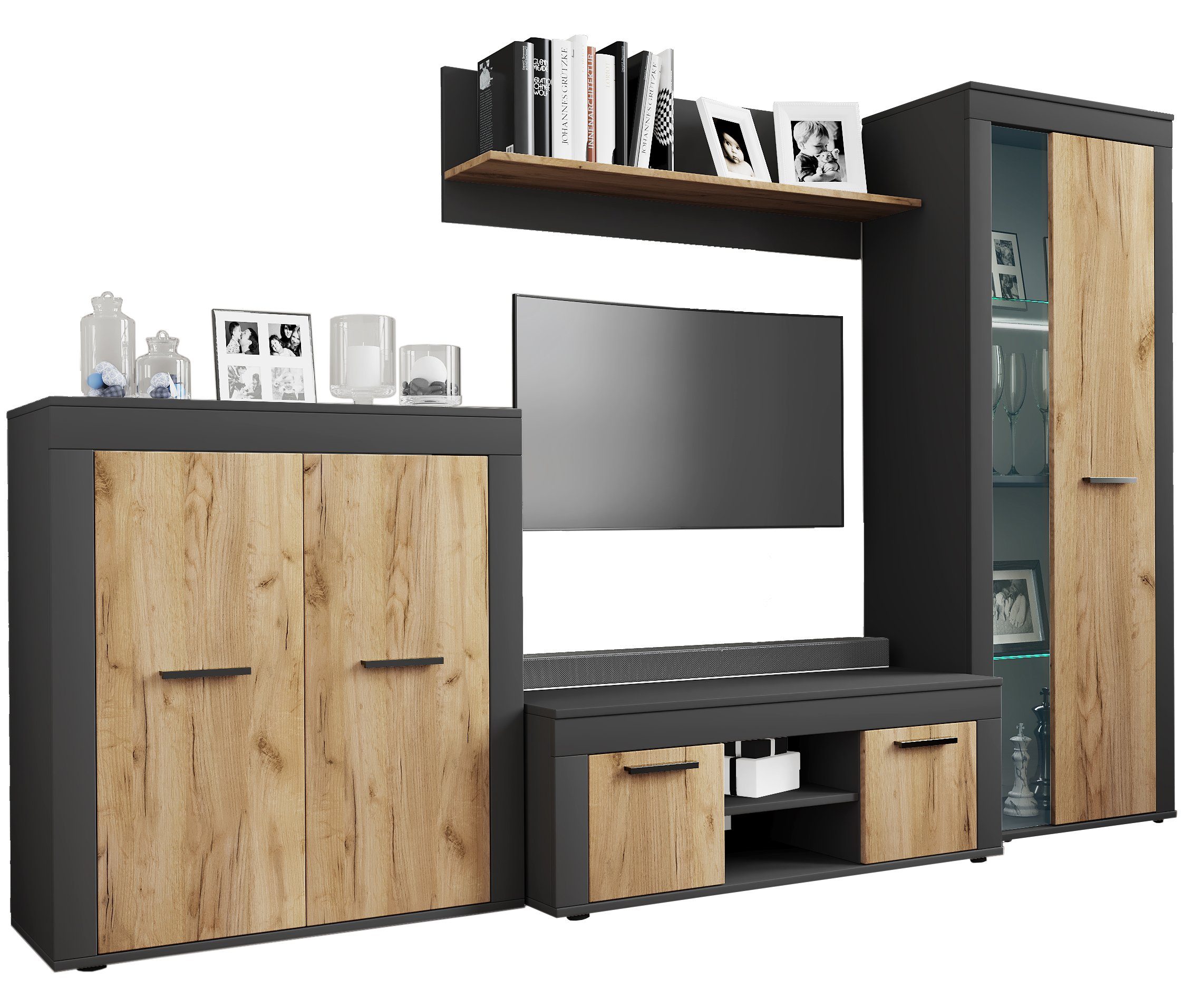 VCM TV-Board Usilo Wohnwand 4er Set B. 242 x T. 37 x H. 159 cm, Platz für Streaming-Player und Boxen, für Serien- und Filmabende