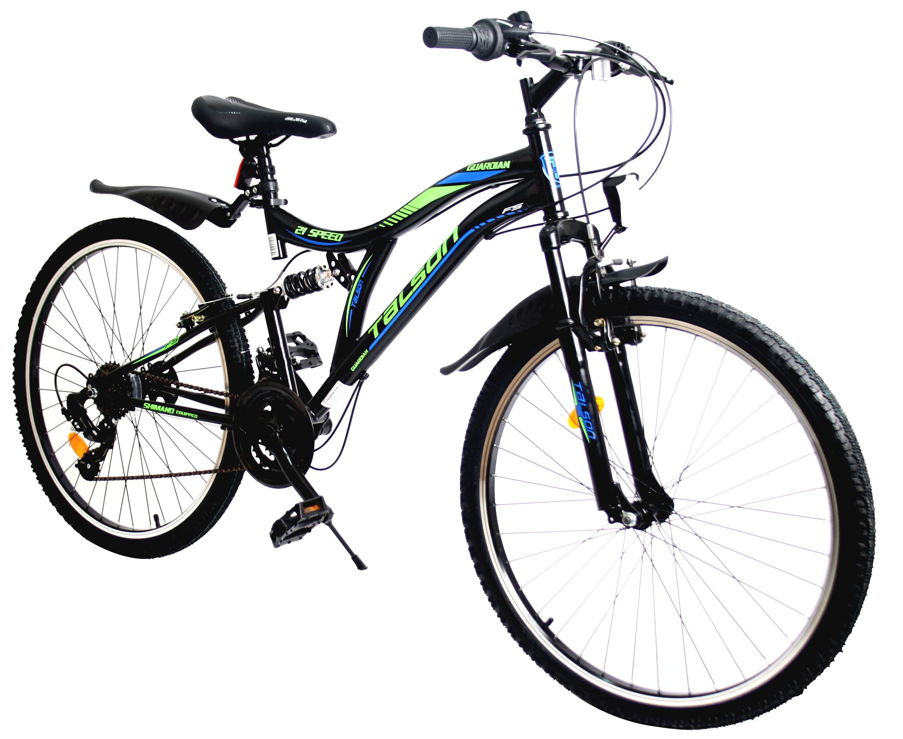 Talson Mountainbike 26 Zoll Guardian, 21 Gang Shimano, Kettenschaltung, mit Beleuchtung nach StVZO und Vollfederung Schwarz