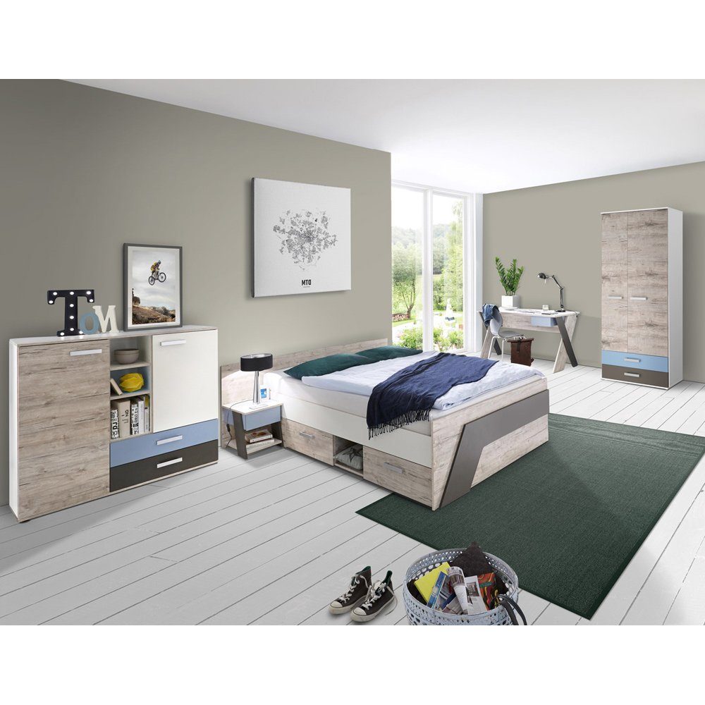 Lomadox Jugendzimmer-Set LEEDS-10, (Sparset, 5-tlg), Sandeiche Nb. mit weiß Lava und Denim Blau