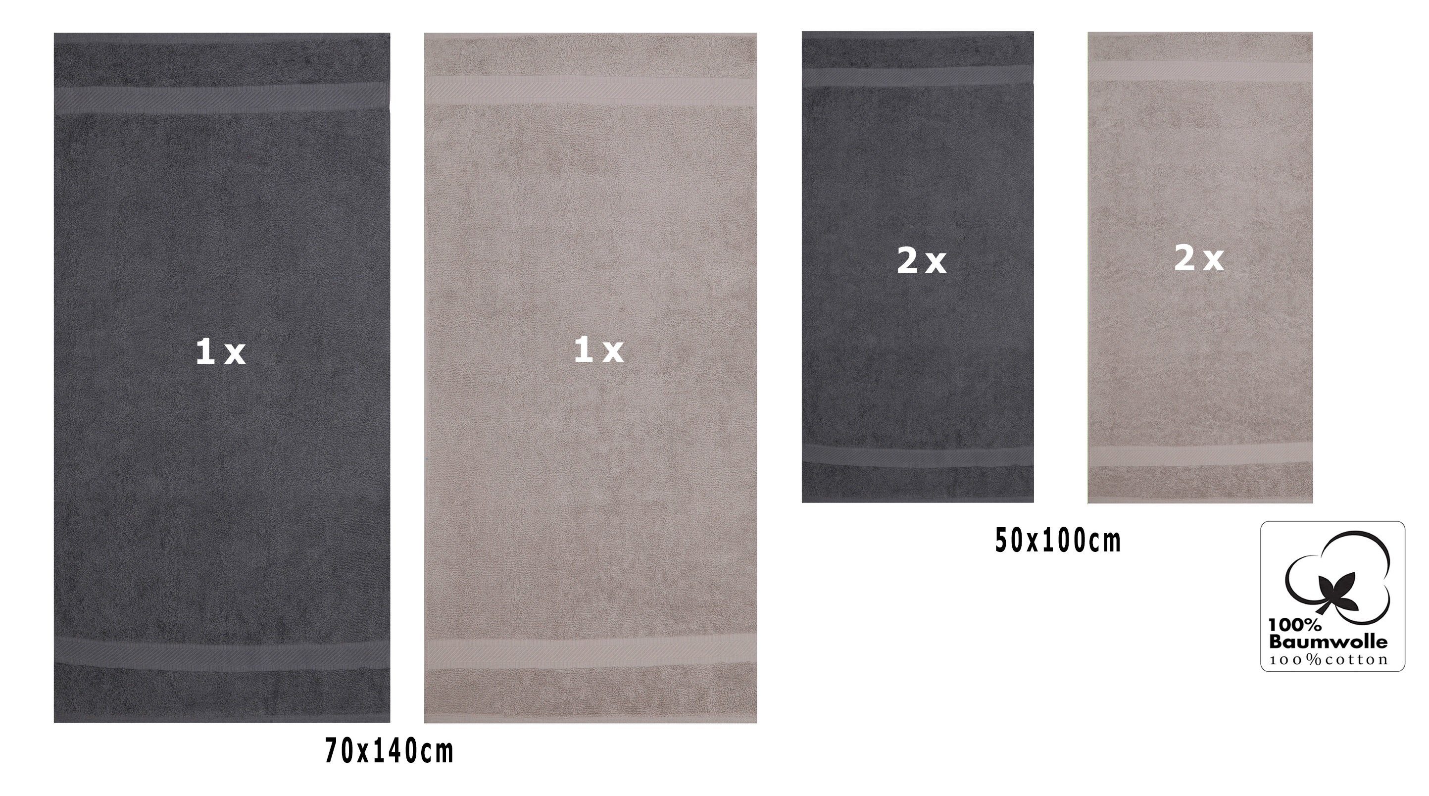 Betz Handtuch Set 2x anthrazit/stone Handtücher, 100% 6er cm 70x140 Liegetücher Palermo Baumwolle 4x