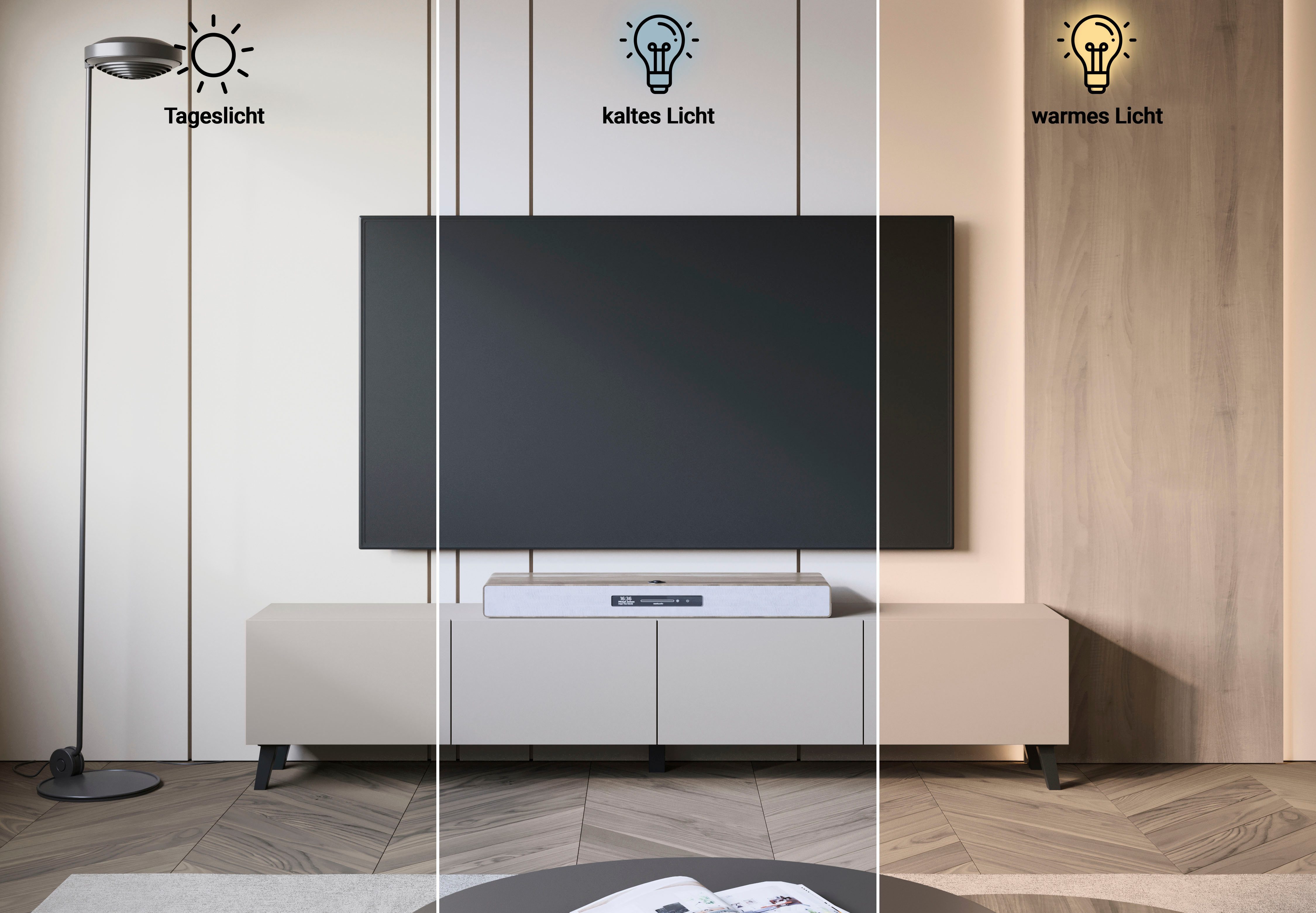 Home affaire Lowboard LOWBOARD PHUKET II, TV-Kommode Breite 190cm (1 St), Modernes, griffloses Design mit 4 Klappen in eleganten, matten …
