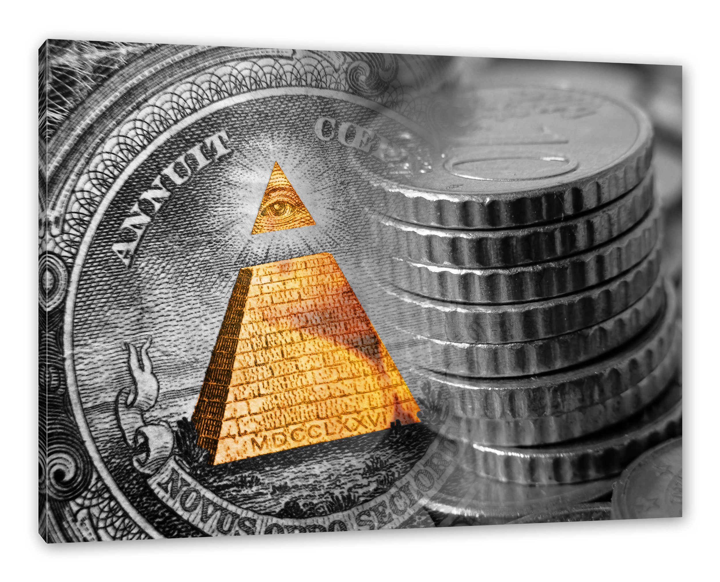Leinwandbild Pyramide Illuminati Dollar Zackenaufhänger inkl. St), bespannt, (1 Leinwandbild Pixxprint Illuminati Pyramide fertig Dollar,