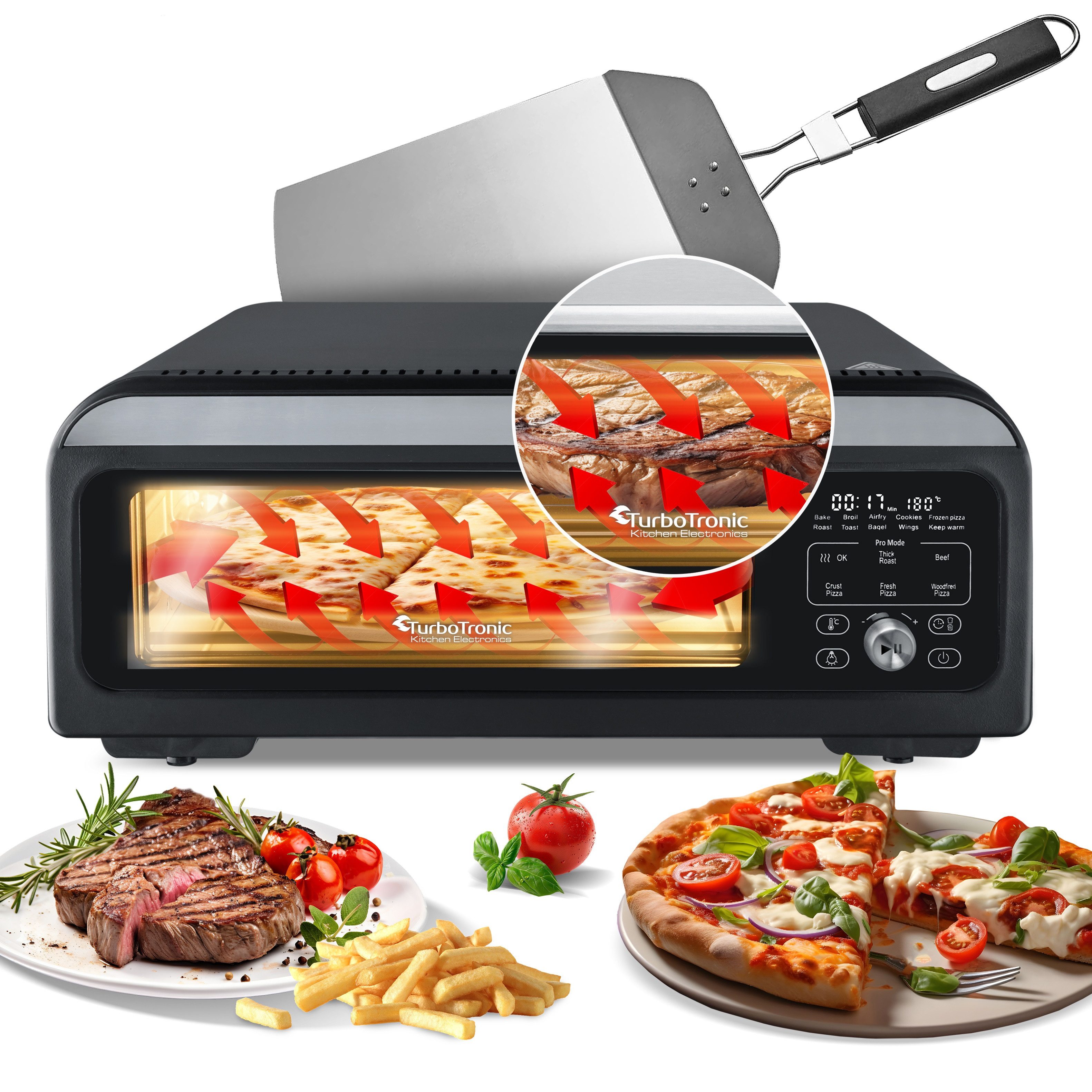 TurboTronic by Z-Line Pizzaofen 10in1 bis 400°C 33cm Stein und Gusseisenplatte Flammkuchen Steak Pizza, Elektrisch Indoor und Outdoor 2000W PizzaAirfryer mobiler Pizzamaker