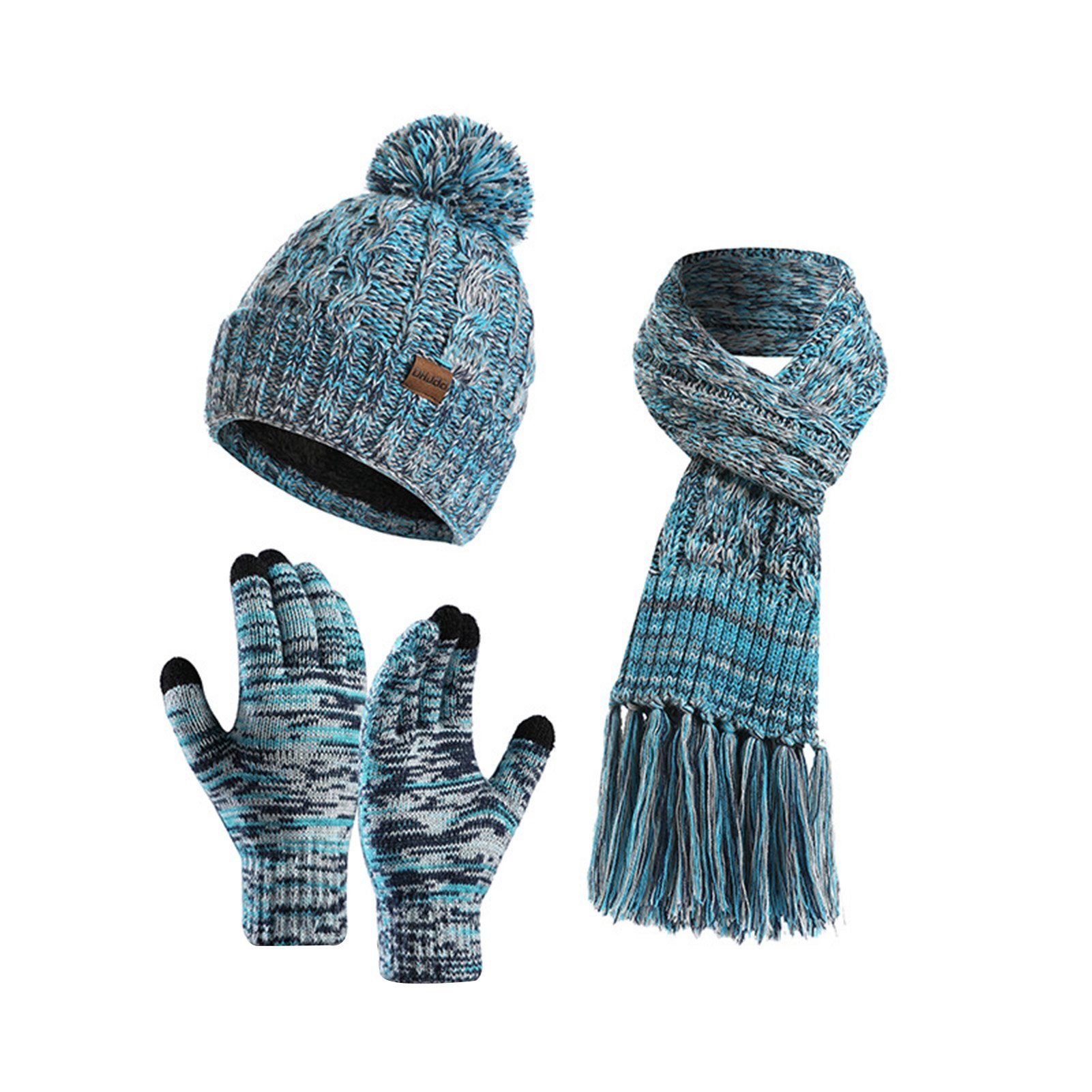 Rutaqian Schlupfmütze Wintermütze Schal Touchscreen Handschuhe) (Ski Winterschal Fleecefutter Schal Beanie Rutschfeste Winter-Set, 3-in-1 Handschuhe Loop Thermo Knit Warme See Set Hut Strickmütze Blauer Unisex Handschuhe