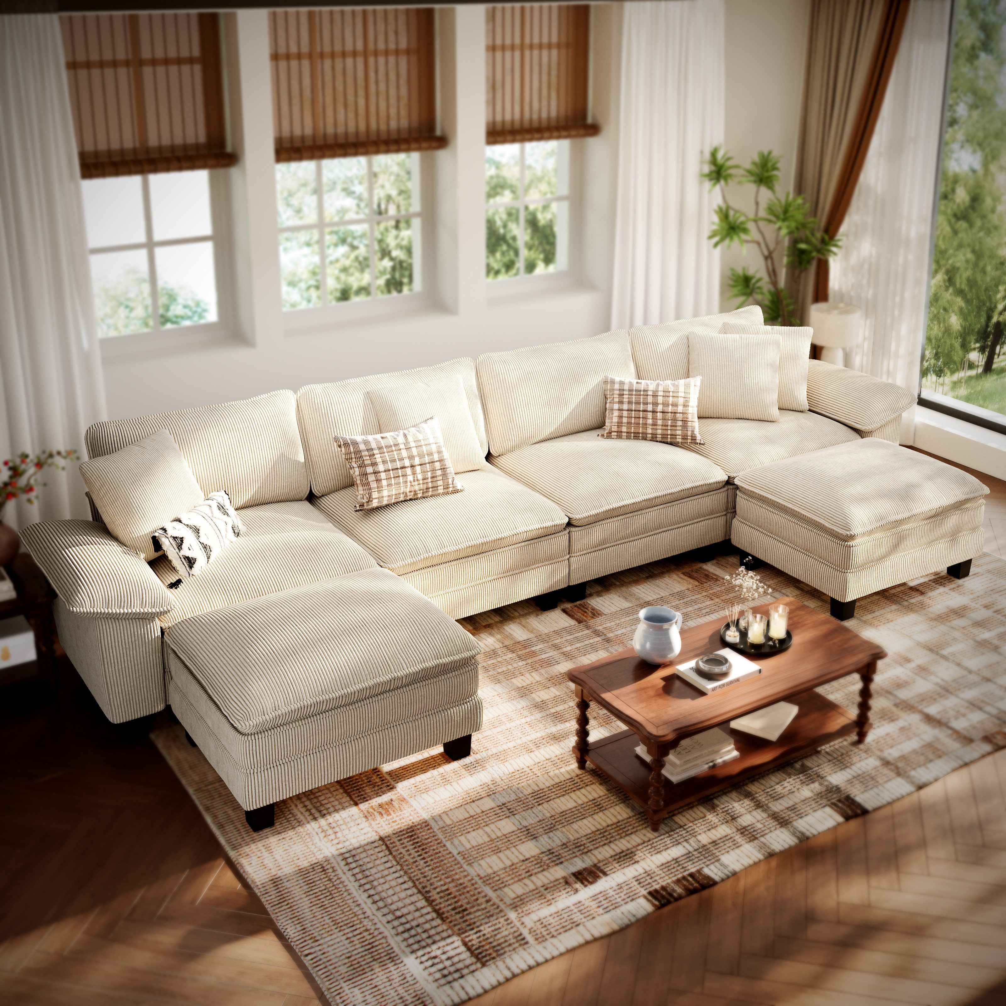 PHI VILLA Ecksofa L-Form Couch, 4-6-Sitzer-Sofa, Modulare Sofas inklusive Zierkissen und Ottomane für das Wohnzimmer
