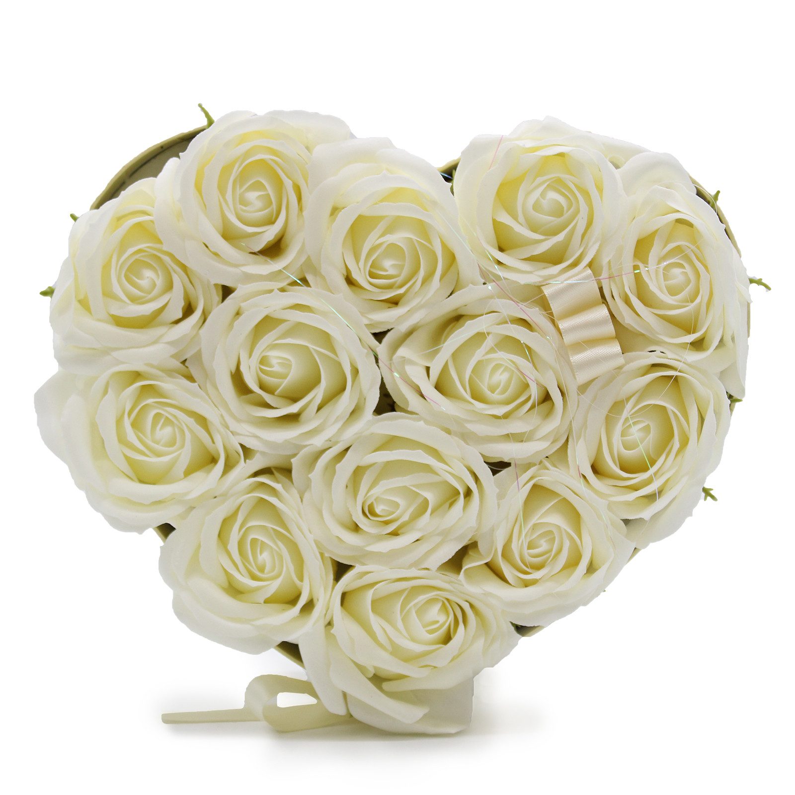 Seifenschale Seifenblumen-Geschenk-Blumenstrauß- 13 Cremefarbene Rosen - Herz