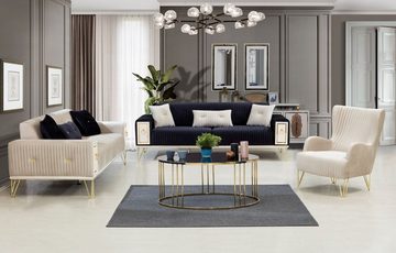 Casa Padrino Schlafsofa Luxus Schlafsofa Dunkelblau / Weiß / Gold 220 x 90 x H. 80 cm - Modernes Wohnzimmer Sofa - Wohnzimmer Möbel