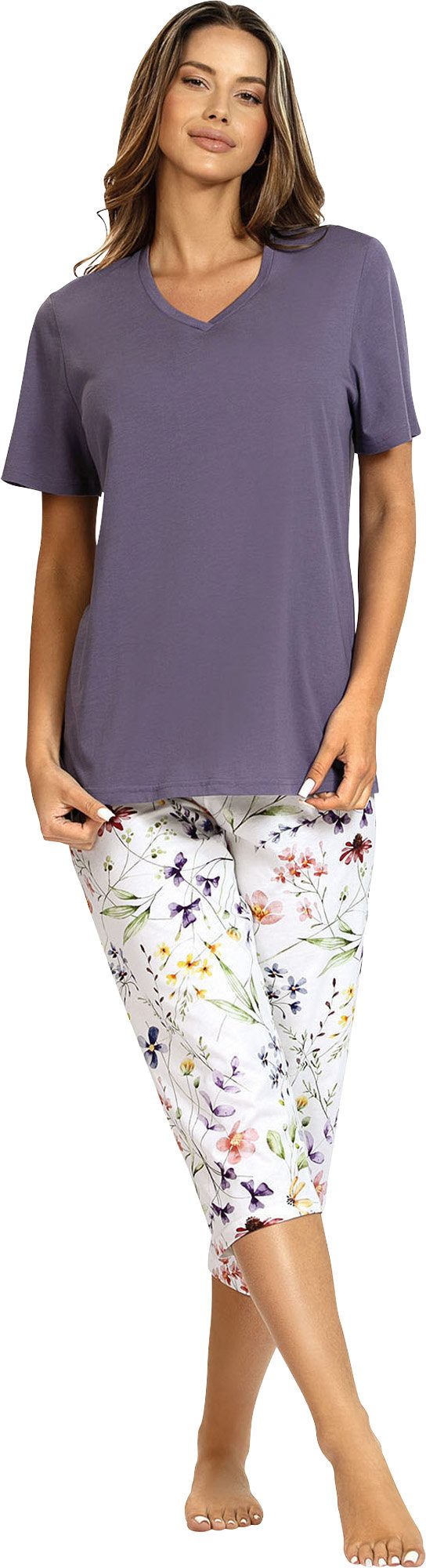 Ascafa Pyjama Damen-Schlafanzug Single-Jersey Blumen