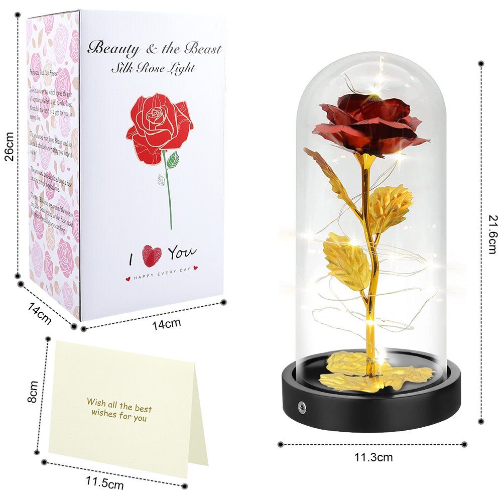 Kunstblume Rose im Glas: Edle vergoldete Hochzeit Geschenk 22 Geburtstag für Höhe Muttertag cm, mit Sunicol, Kunst-Rose Rose Valentinstag Lichter,ewige Blumen, Bär, LED rote &