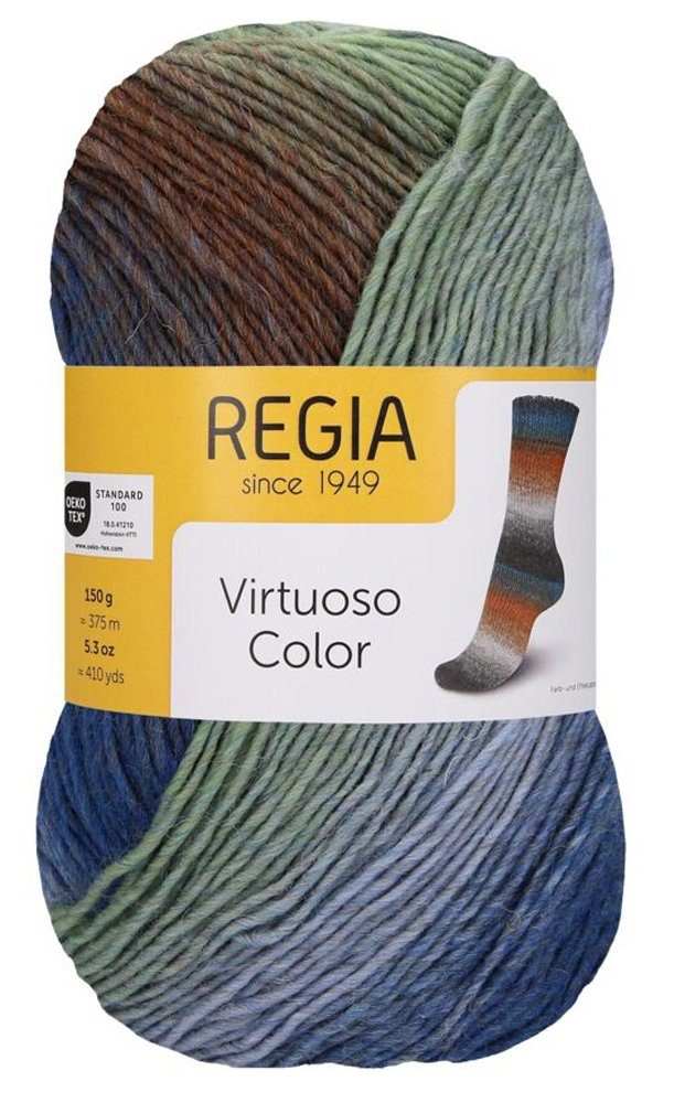 Regia dicke Sockenwolle wie 6fädig Virtuoso Color Strumpfwolle 6fach Häkelwolle, 375,00 m (150g Sockengarn wie 6-fädig / 6-fach, Wolle zum Stricken und Häkeln), Dochtgarn mit Farbverlauf