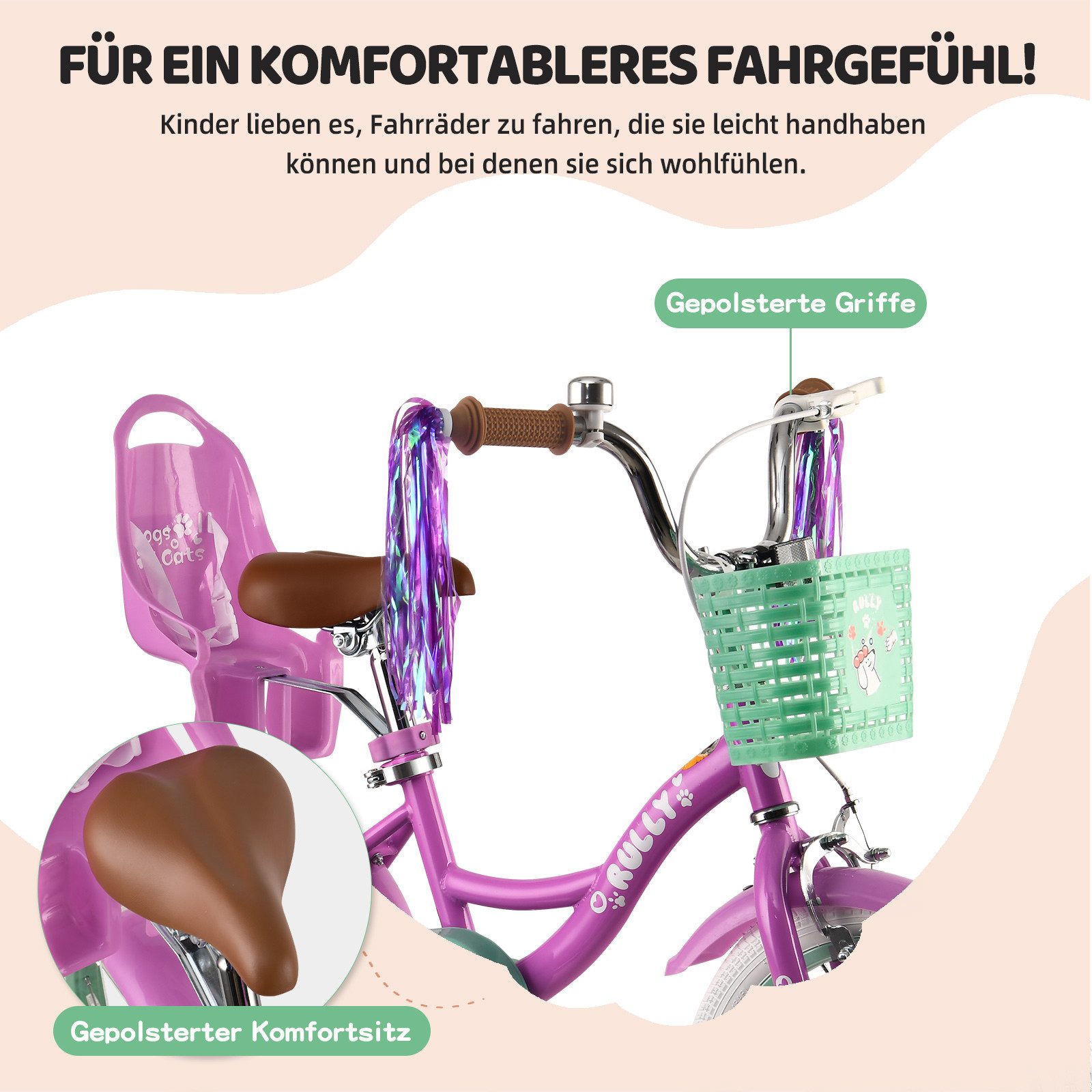 Vankel Kinderfahrrad Mädchen 12–16 Zoll mit Korb & Stützrädern, 1 Gang, Puppensitz, Lenkerfransen, Klingel und Schutzblechen