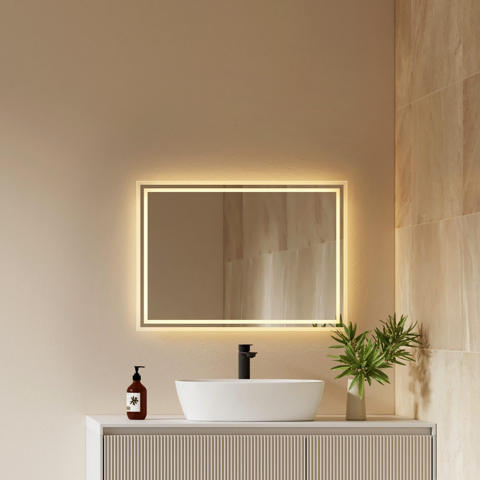 EMKE Badspiegel mit Beleuchtung und Beleuchtung,LED Spiegel mit 2 Lichtfarben dimmbar (Vertikal Horizontal möglich, Beschlagfrei, 2 Lichtfarben), Wandspiegel IP44