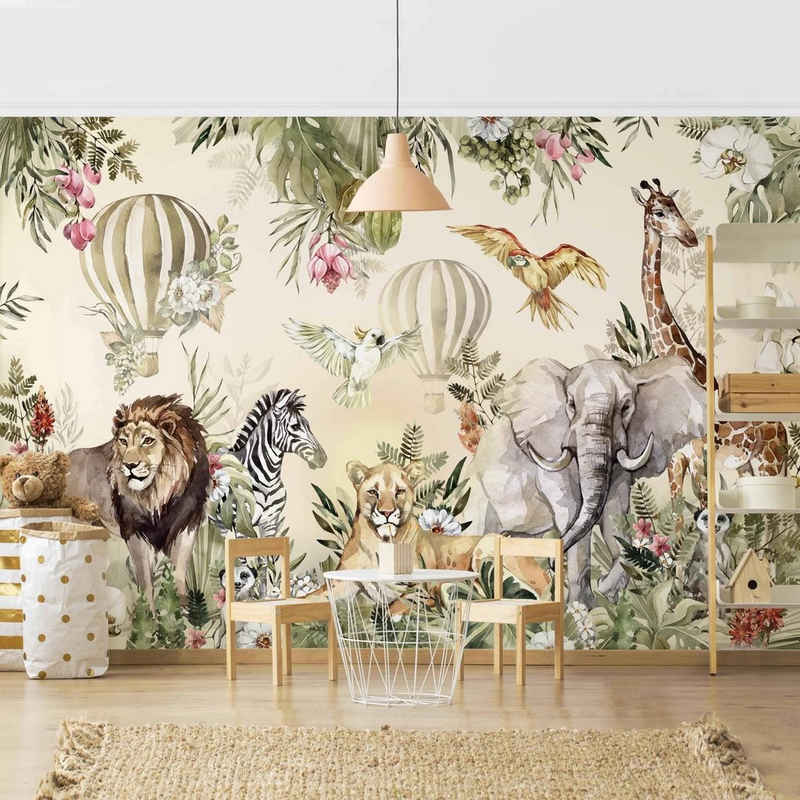 Bilderdepot24 Kindertapete Kinderzimmer Aquarell Tiere Ballon Dschungel Kinder Wanddeko, Glatt, Matt, (Inklusive Gratis-Kleister oder selbstklebend), Mädchenzimmer Jungenzimmer Babyzimmer Bildtapete Fototapete Wandtapete