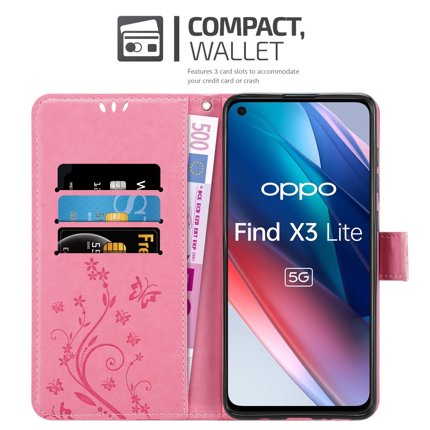 Cadorabo Handyhülle für Oppo FIND X3 LITE Hülle Oppo FIND X3 LITE, Hülle Schutzhülle Blumen Flower mit Standfunktion Kartenfach Magnet