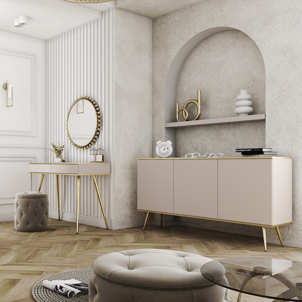 Lomadox Wohnzimmer-Set OLOVO-160, (Mega-Spar-Set, 2-St., Schminktisch), Beige, Metallbeine goldfarben, Push-to-open, goldenen Highlights