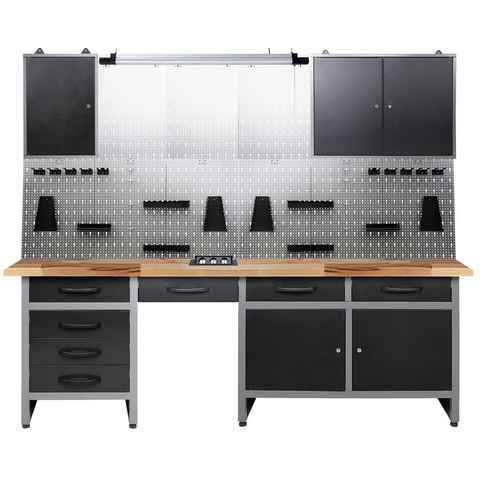 ONDIS24 Werkstatt-Set Werkstatt Werkstatteinrichtung 240cm Komplettset, ca. 240 x 60 x 205 (H) cm, mit LED und Bluetooth Lautsprechern