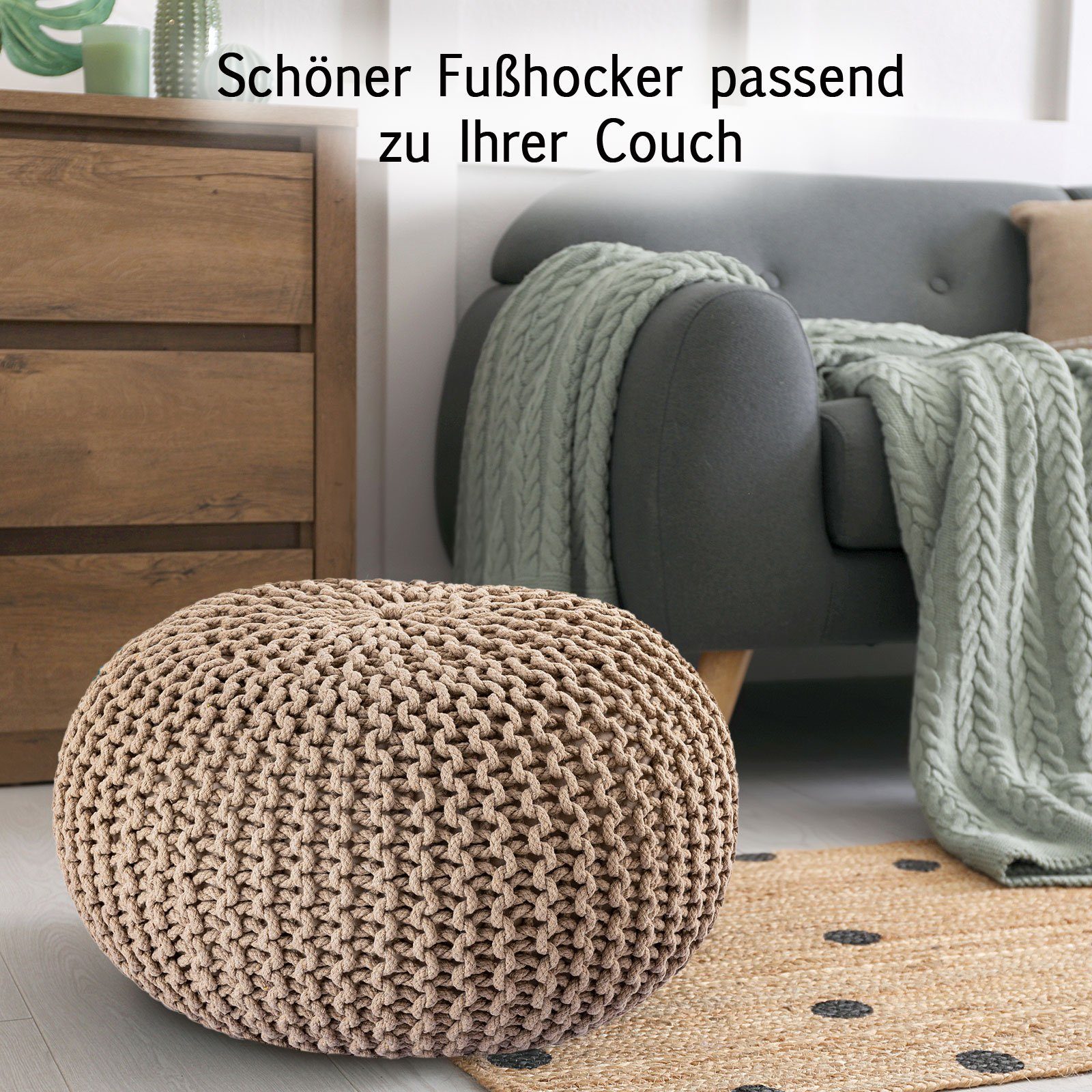 Casamia Pouf Pouf Ø beige Strickhocker Bodenkissen Sitzpouf 45 o. nachhaltig 55 cm