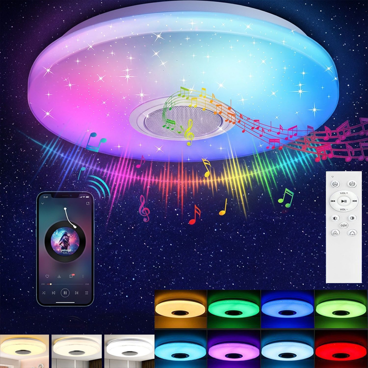 oyajia Deckenleuchte 50cm Musik LED Deckenlampe mit BT Lautsprecher, RGB Farbwechsel Lampe, LED fest integriert, RGB, Dimmbar mit Fernbedienung APP, für Schlafzimmer Wohnzimmer Bad Hotel