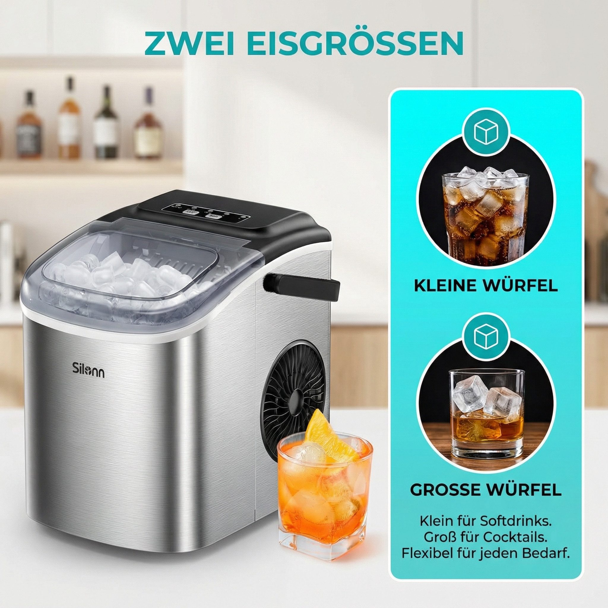 Silonn Eiswürfelmaschine Eiswürfelmaschine kompakt, 2 Eisgrößen, Selbstreinigung, tragbar, 6-minütige Eisherstellung