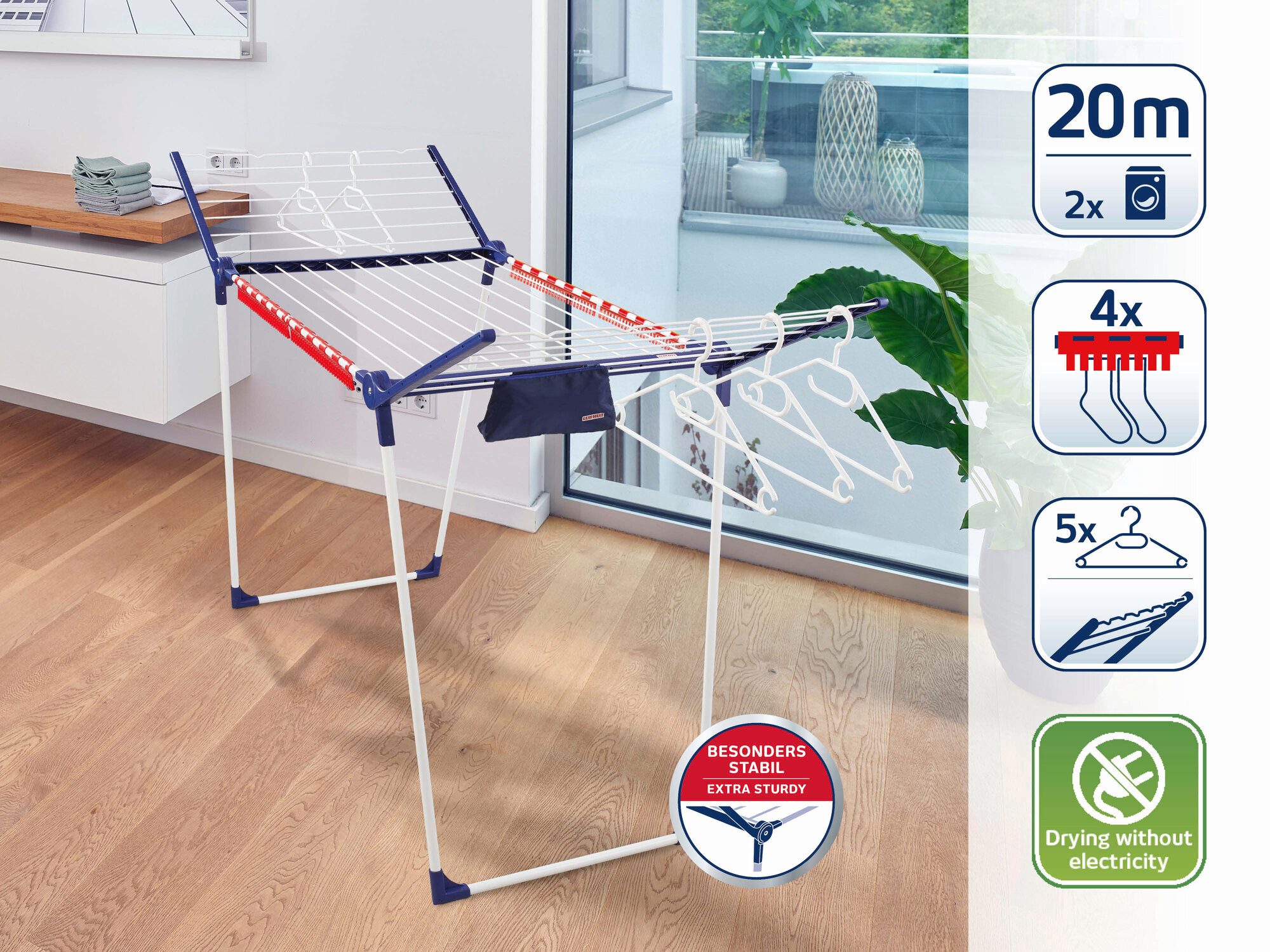 Leifheit Wäscheständer Standtrockner Pegasus 200 + Kleinteilehalter, 20m Trockenlänge, 107cm Flügelhöhe, Kleinteilehalter, 5 Kleiderbügel