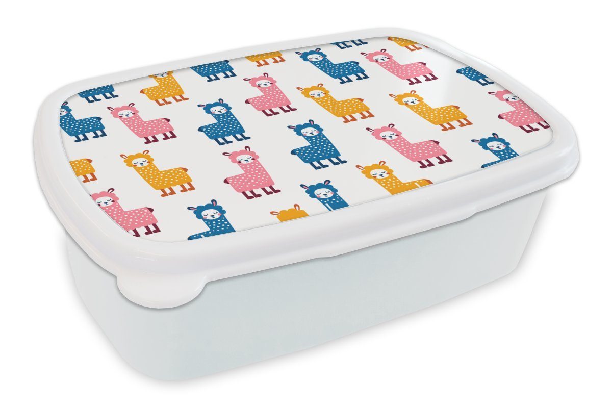 MuchoWow Lunchbox Lama - Tiere - Muster - Rosa - Blau, Kunststoff, (2-tlg), Brotbox für Kinder und Erwachsene, Brotdose, für Jungs und Mädchen weiß