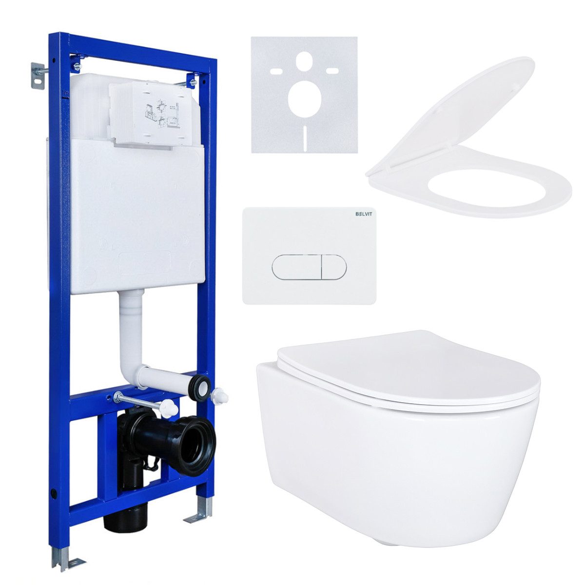 Belvit WC-Komplettset mit Wand-WC in schwarz & weiß, Vorwandelement & Soft-Close WC-Sitz, Unterputz Spülkasten, (Spar-Set), Vormontiert, Stahlrahmen, höhenverstellbar, bis 400 kg belastbar