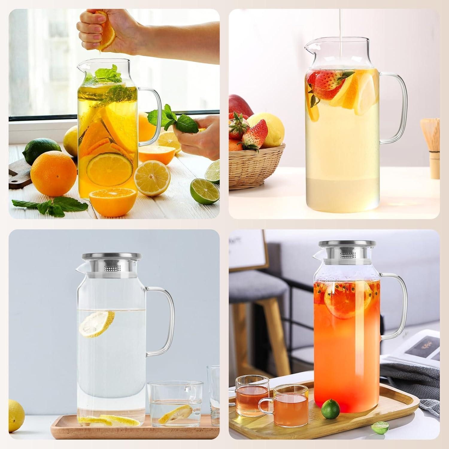 LuxusKollektion Wasserkaraffe Karaffe Glaskrug Deckel Eistee Saft Becherbürste 2Liter