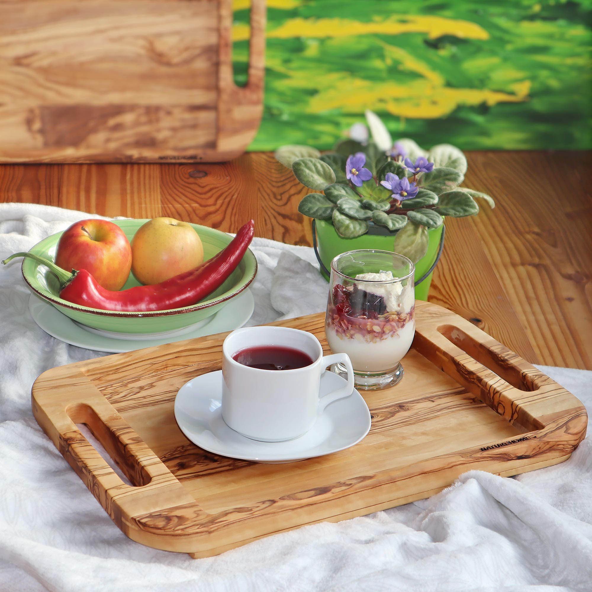 NATUREHOME Tablett Holztablett mit Griff NH-F, Olivenholz, (40x28cm / 50x35 cm), Massivholz, Handarbeit, Nachhaltig