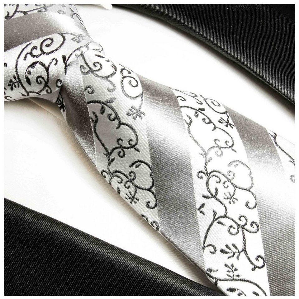 Paul Malone Krawatte Herren Seidenkrawatte und Tuch barock gestreift 100%  Seide (Set, 2-St., Krawatte mit Einstecktuch) Breit (8cm), silber 932