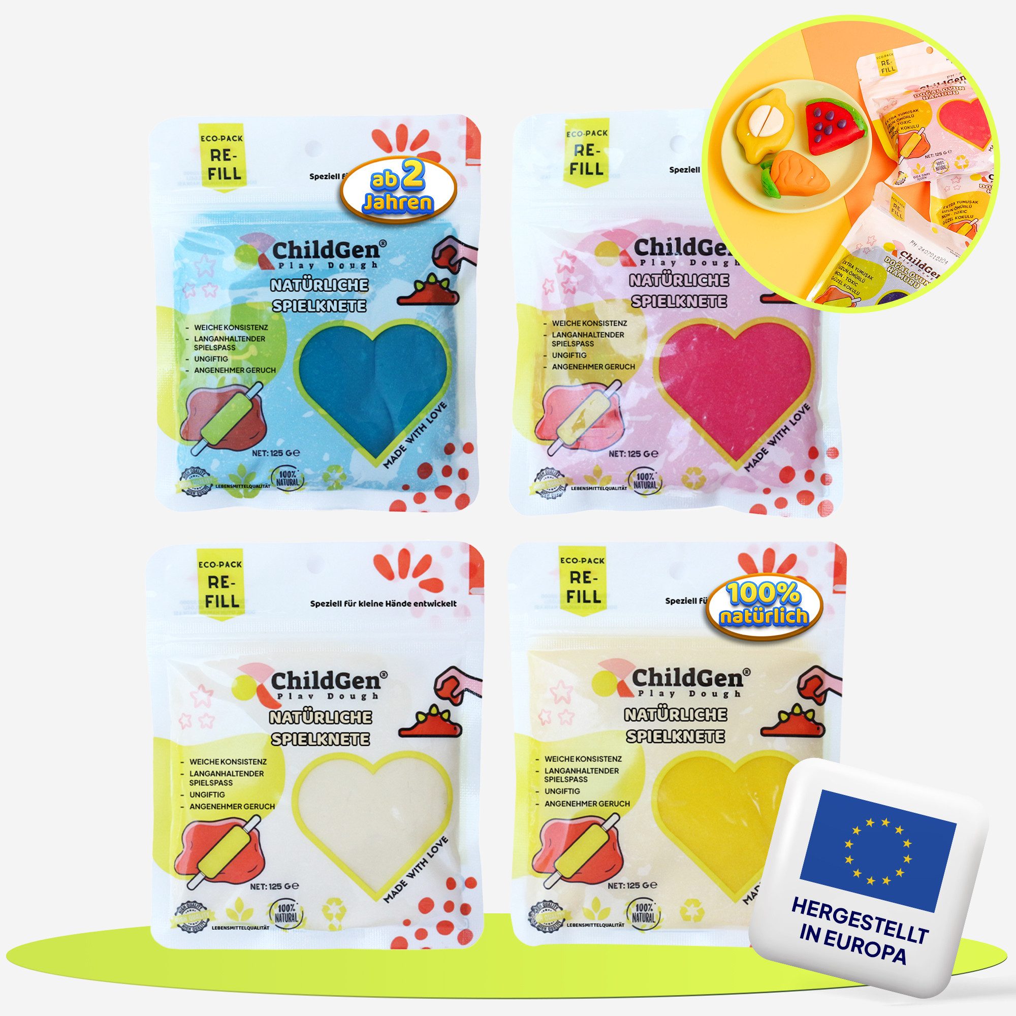 ChildGen Knete Knete Play Dough 100% natürliche Inhaltsstoffe, ungiftig (Nachfüllpackung, Kinderknete, Knete ab 2 Jahre, 4-tlg., Knetezubehör, Knetset, Knete -Set, Spielknete), Kinderknete, Knete ab 2 Jahre