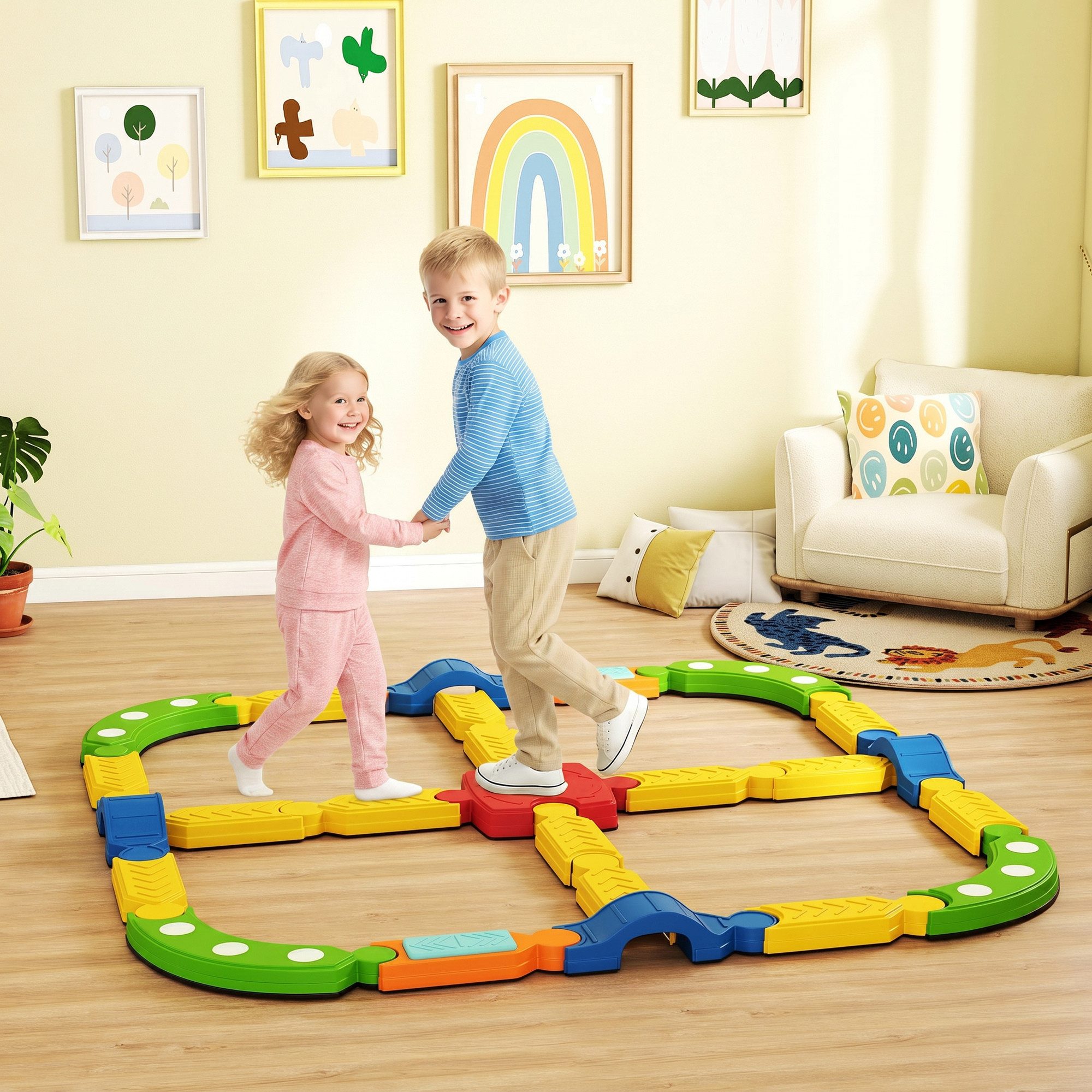 AIYAPLAY Balanceboard Balancierbalken Schwebebalken mit 25 Balanciersteine, Montessori, Fördert Balance und Koordination