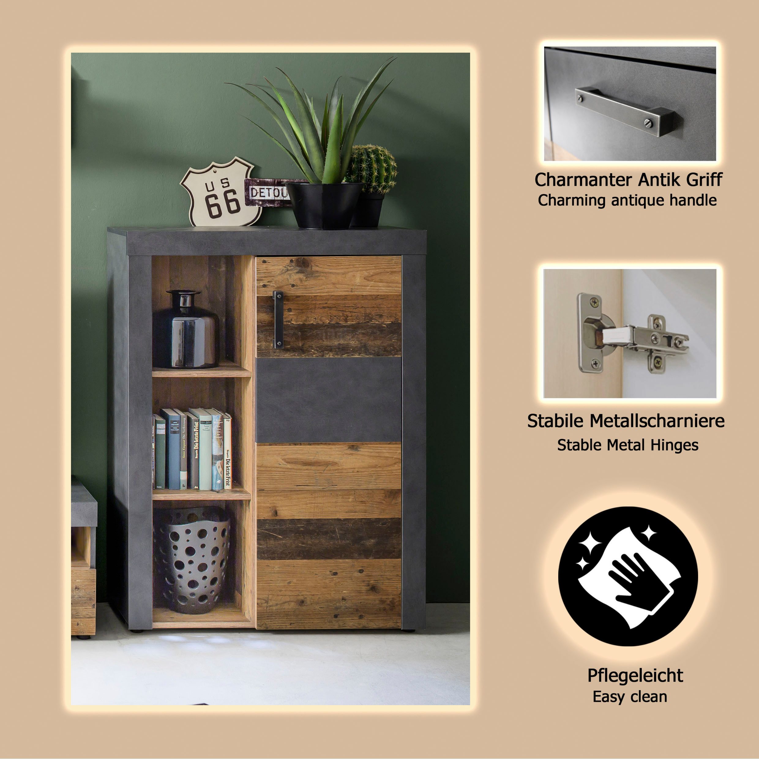 Home affaire Highboard Ilana, Stauraumschrank mit 1 Tür & 3 Fächern - (B/T/H) 87/34/118 cm