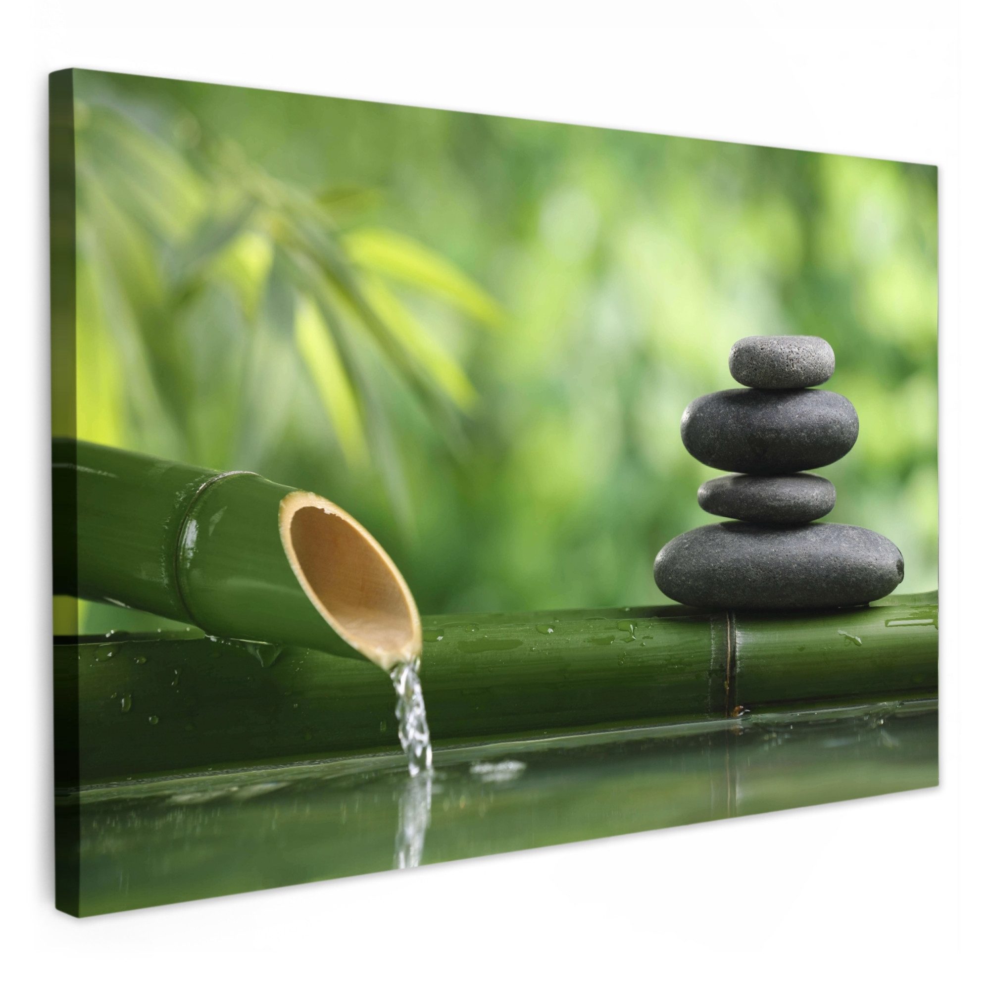 OneMillionCanvasses® Leinwandbild Zen - Stein - Grün - Natur - Bambus, Fotodruck (1 St), Bilder für Badezimmer, Bad und Toiletten Deko, Bild WC 30x20 cm