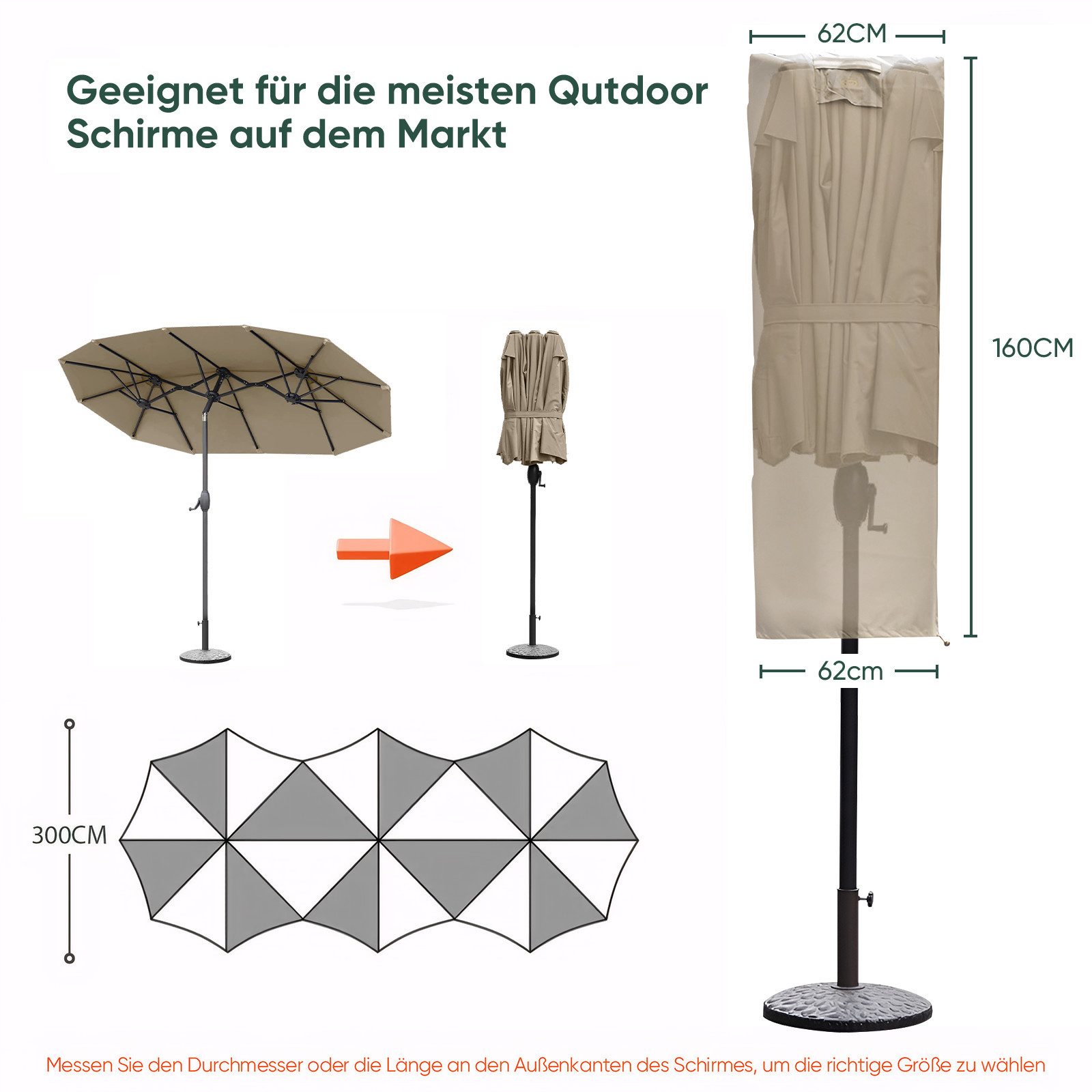 Sekey Sonnenschirm-Schutzhülle für Doppelsonnenschirm Schutzhülle Terrassenschirm mit Handkurbel Oval, aus 600D Oxford, mit Stab und Reißverschluss, Winterfest, – Bild 3 von 5