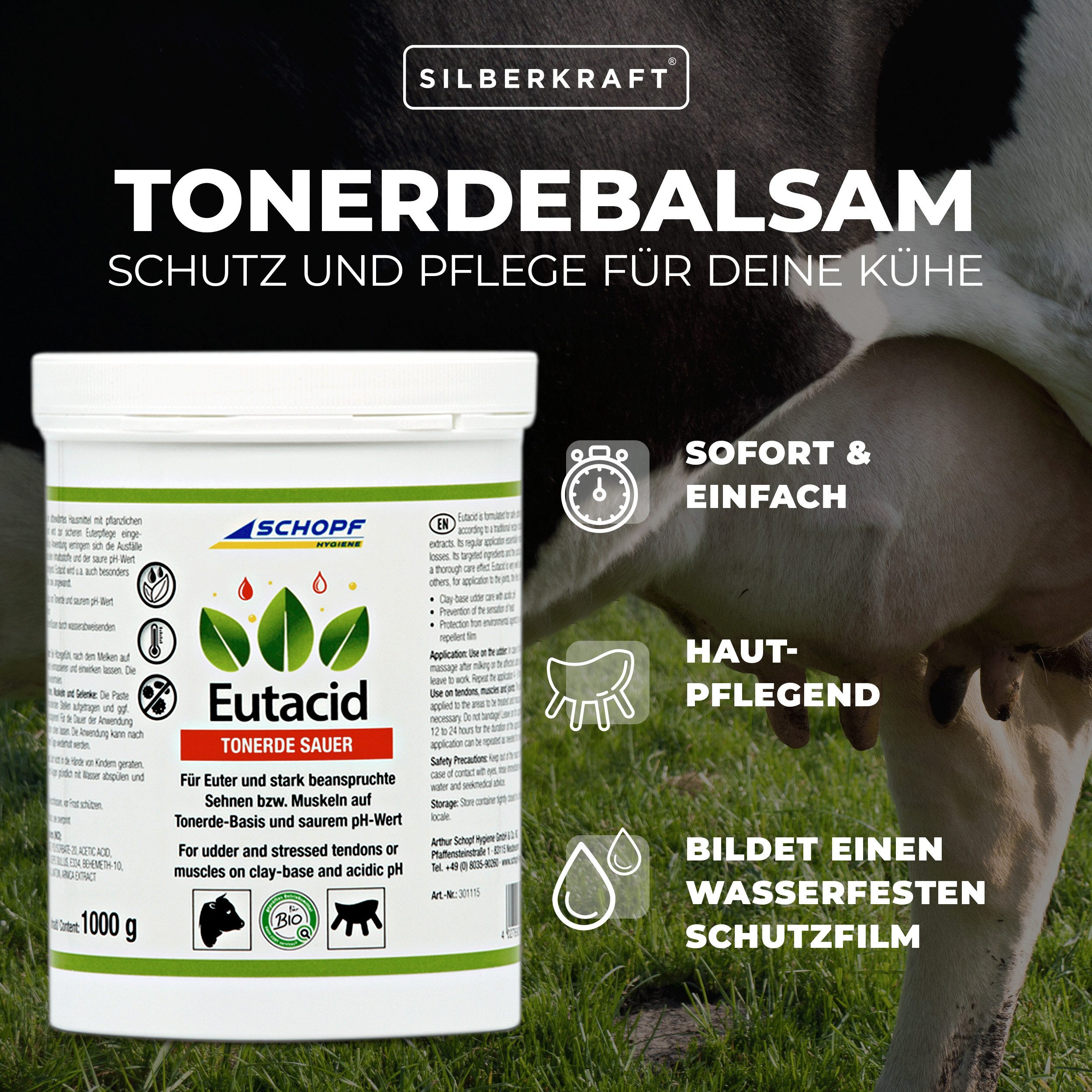 Schopf Körperbalsam Eutacid Tonerdebalsam: Vielseitige Kuh-Pflege für Euter und Gelenke Unterstützt die Regeneration des Zellgehalts in der Milch, Bildet einen wasserfesten, abweisender Schutzfilm