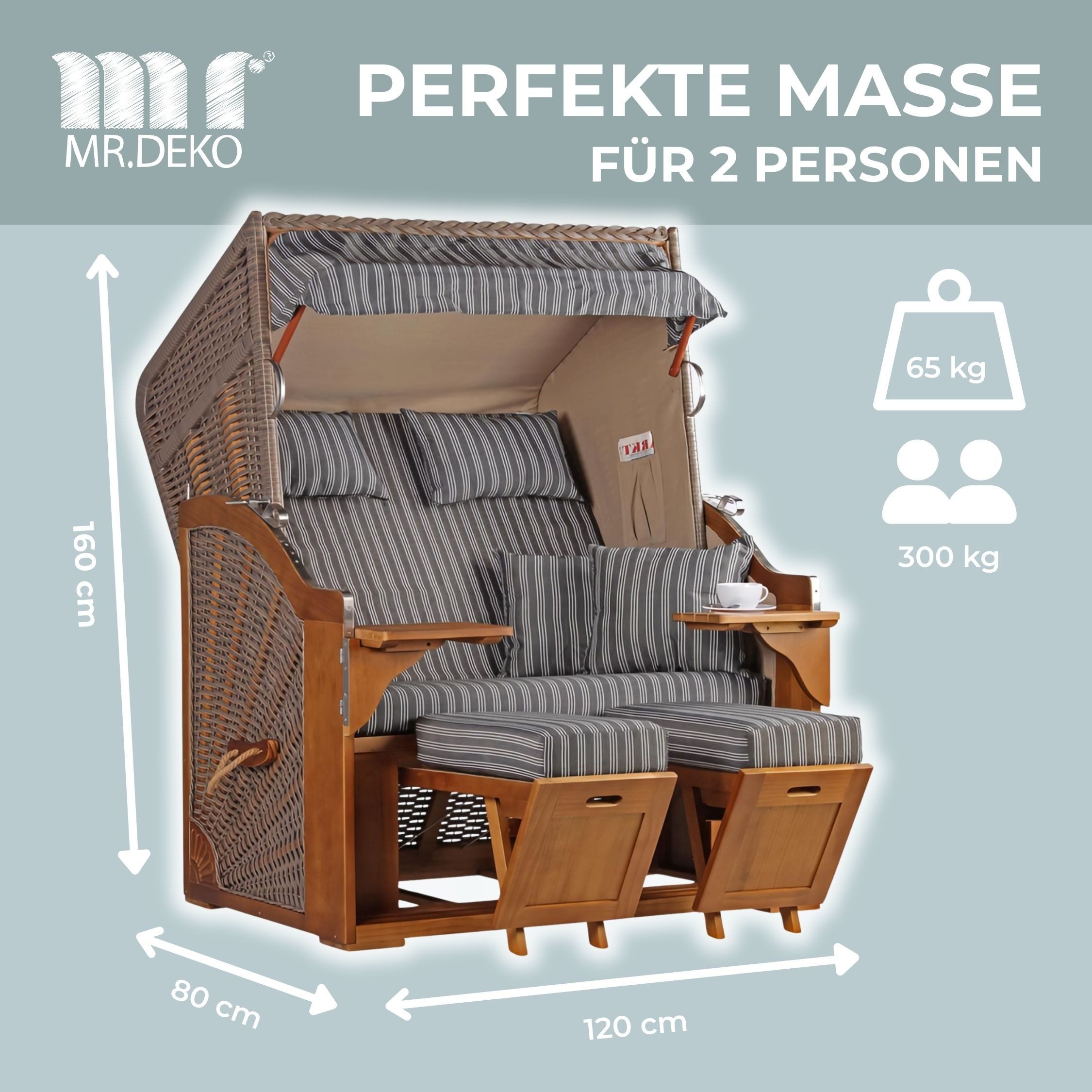MR.DEKO Strandkorb 2-Sitzer Schleswig Pinie Braun PE Mokka, aufgebaut geliefert, BxTxH: 120x80x160 cm, 2-Sitzer, Schleswig, (Zweisitzer Strandkorb mit Bistrotischen & Fußstützen), Bereits montiert, UV-beständig, Volllieger & Edelstahl-Beschläge