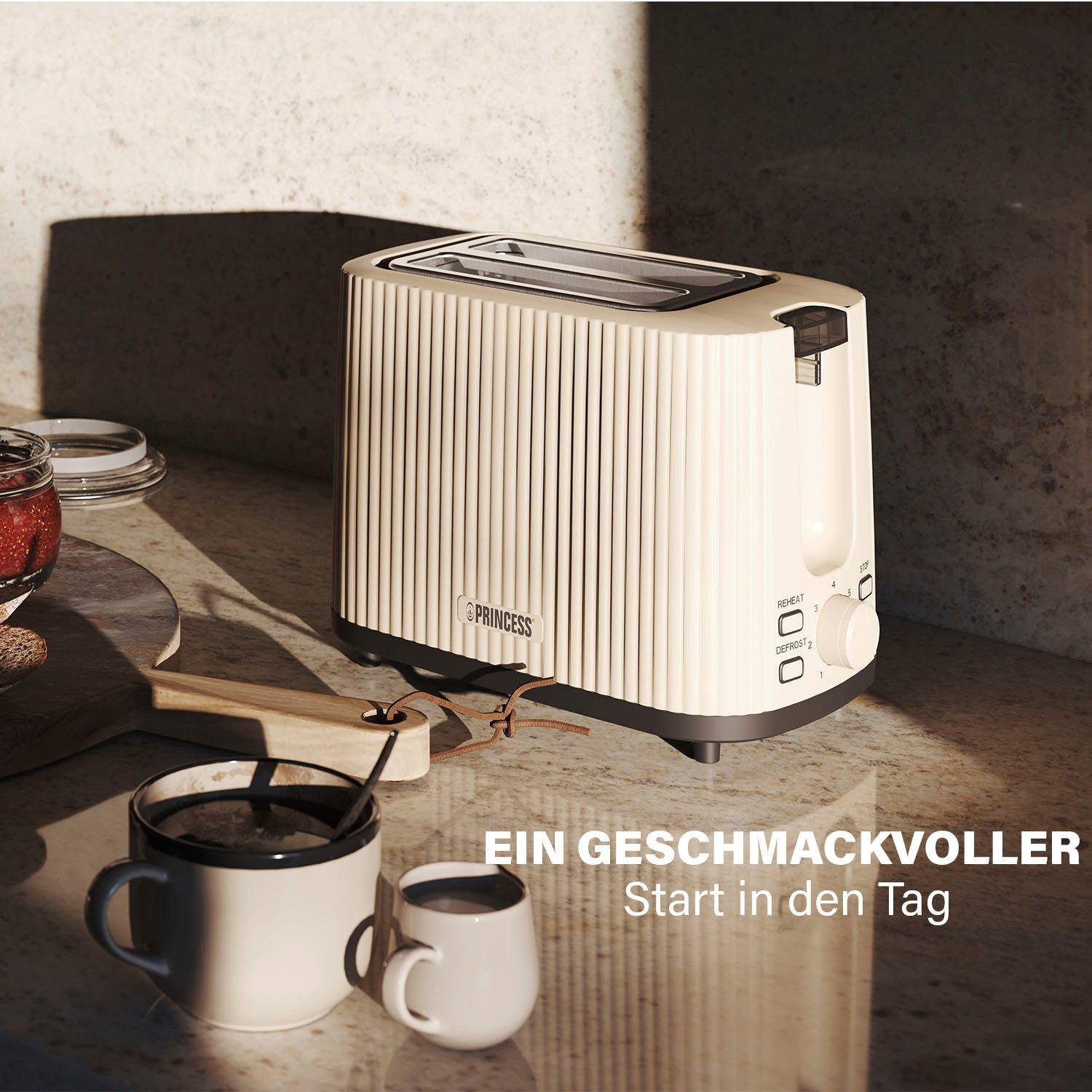 PRINCESS Toaster Princess 142337 Toaster Wave – Stilvolles Design – leistungsstarker un, 2 kurze Schlitze, für 2 Scheiben, 930 W, Wave, 7 Stufen, Krümelschublade, Auftaufunktion, Beig