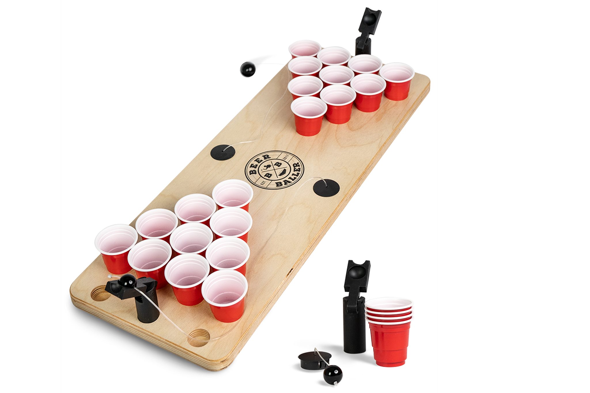 BeerBaller Spielesammlung, Trinkspiel BeerBaller® Shot Pong - Beer Pong im Miniformat, Aus hochwertigem Birken- oder Kirschholz